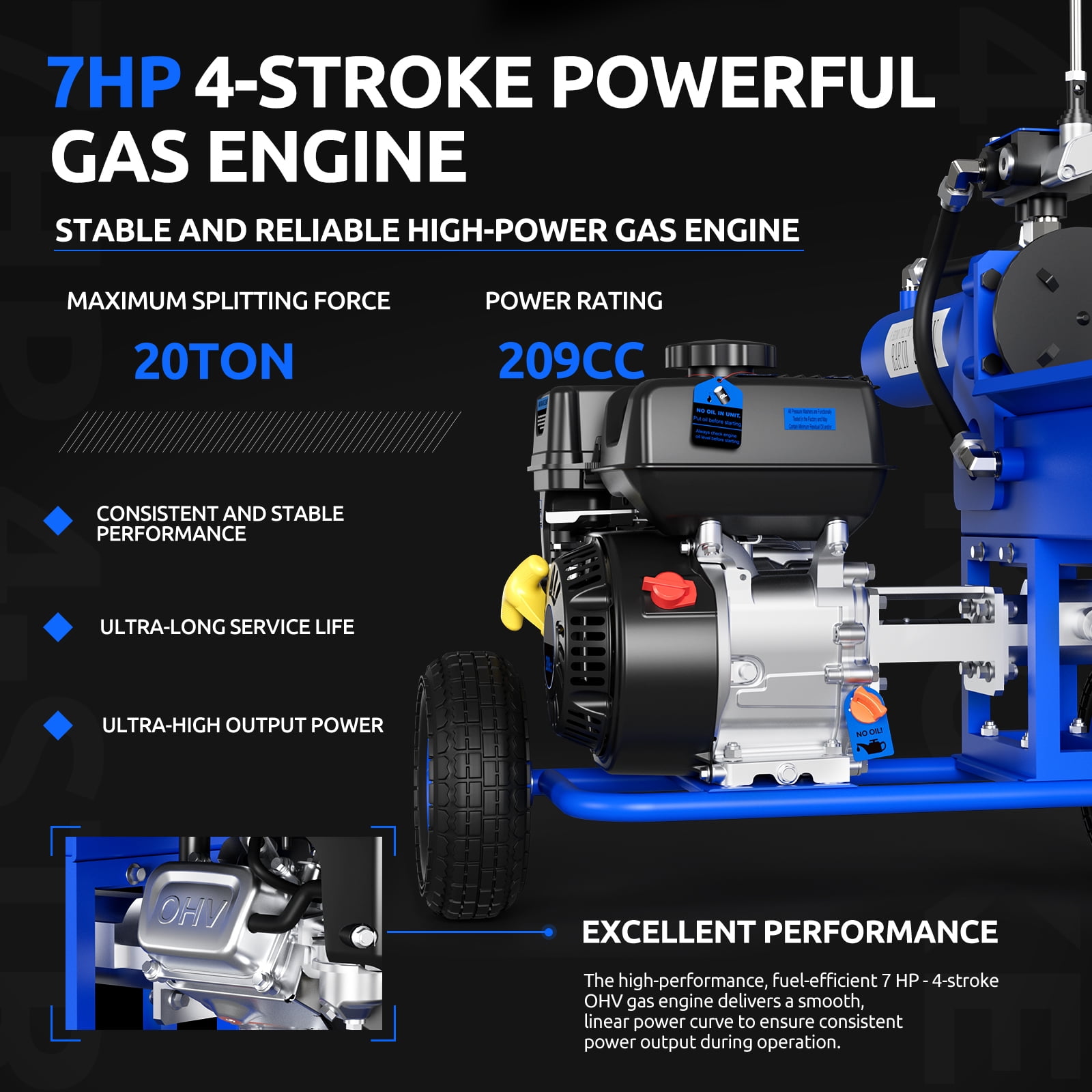 Efurden Gas Log Splitter with 7 HP Engine and 20 Ton Hydraulic Ram (Blue, 20 in L x 16 in D) 6hre3