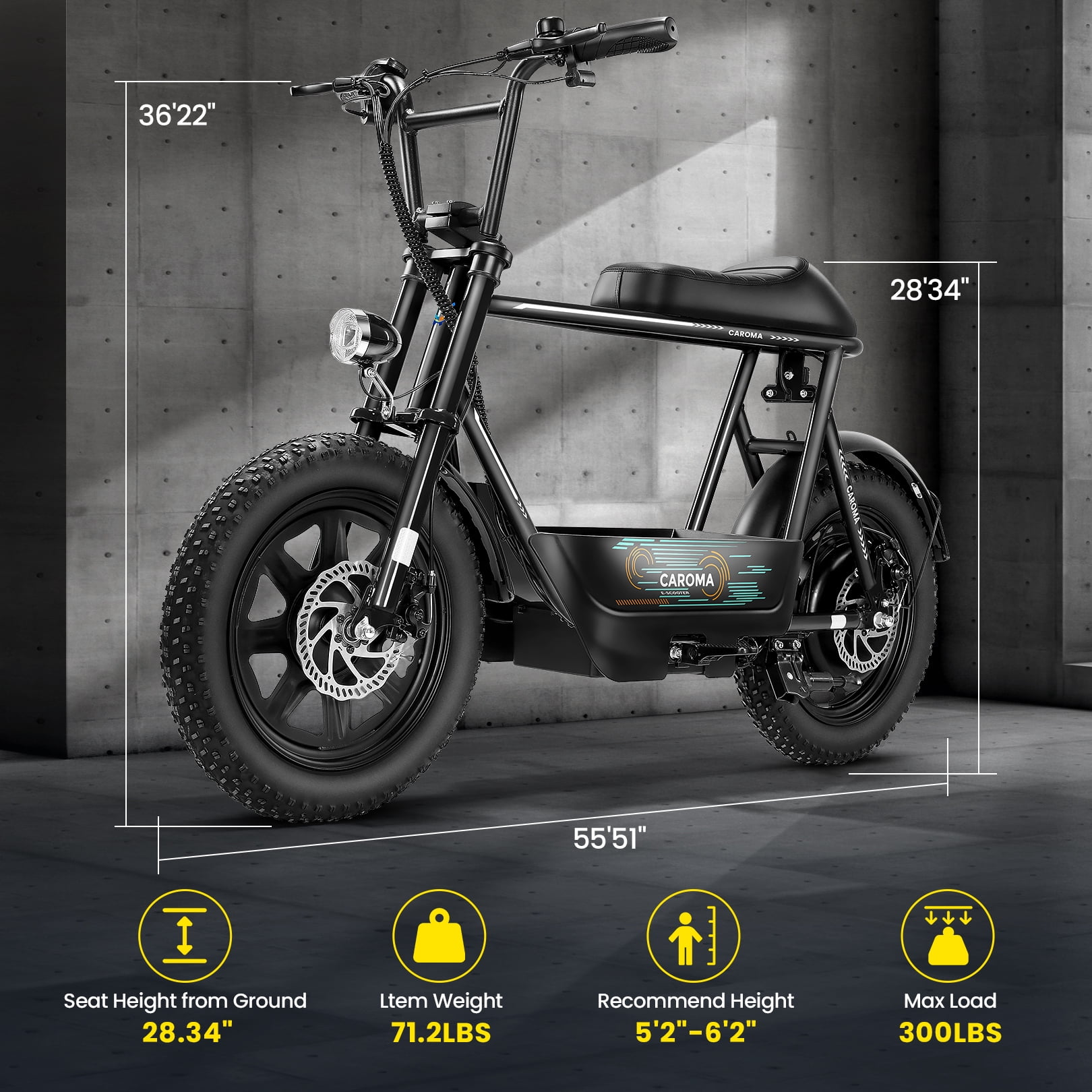 Caroma Electric Scooter with Seat and Basket, 800W Motor, 25 Mile Range, 16 in Fat Tires (Black) ns3hp