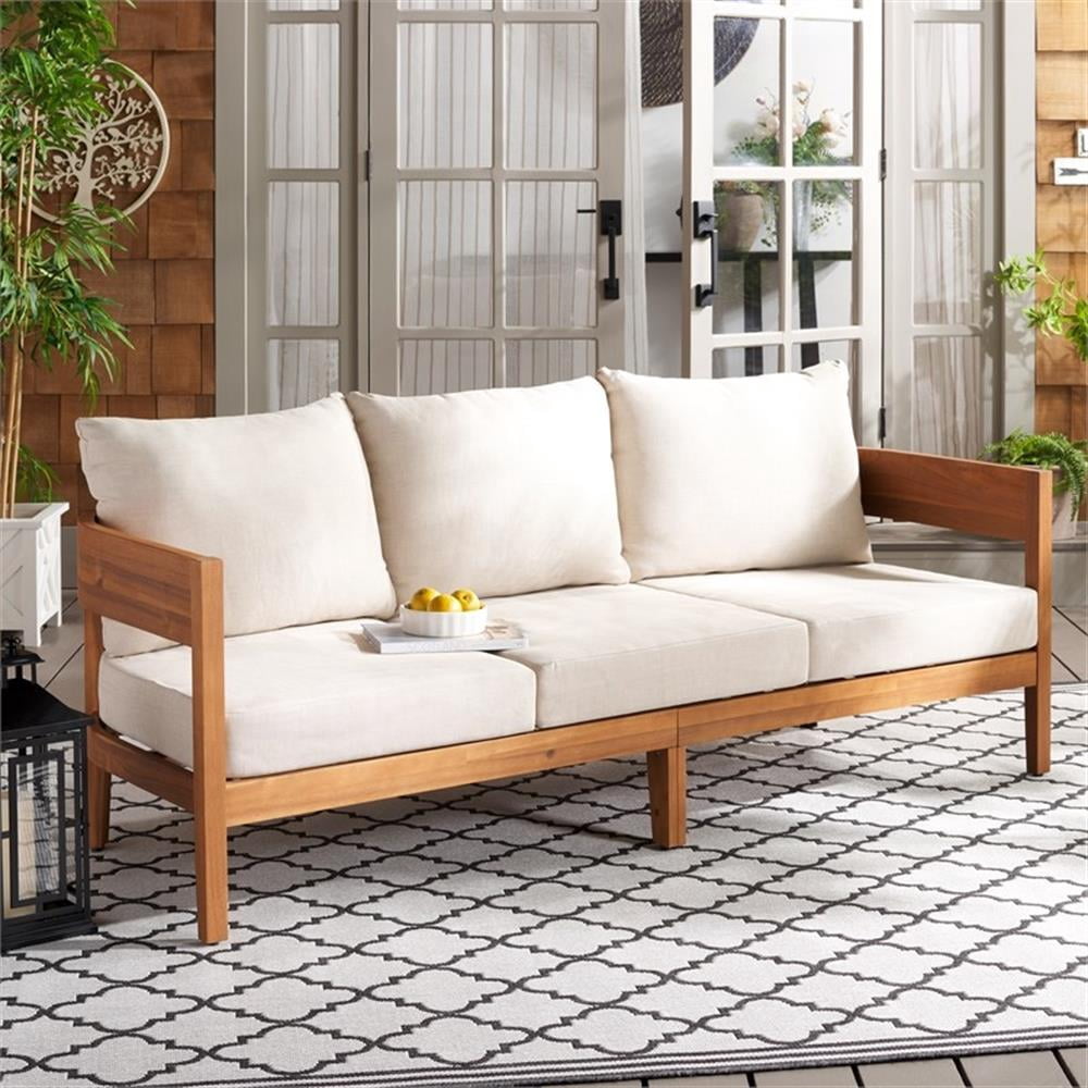 Pemberly Row Outdoor Teak Wood Sofa with Polyester Cushions (Natural/Taupe, 72 in) sf89j