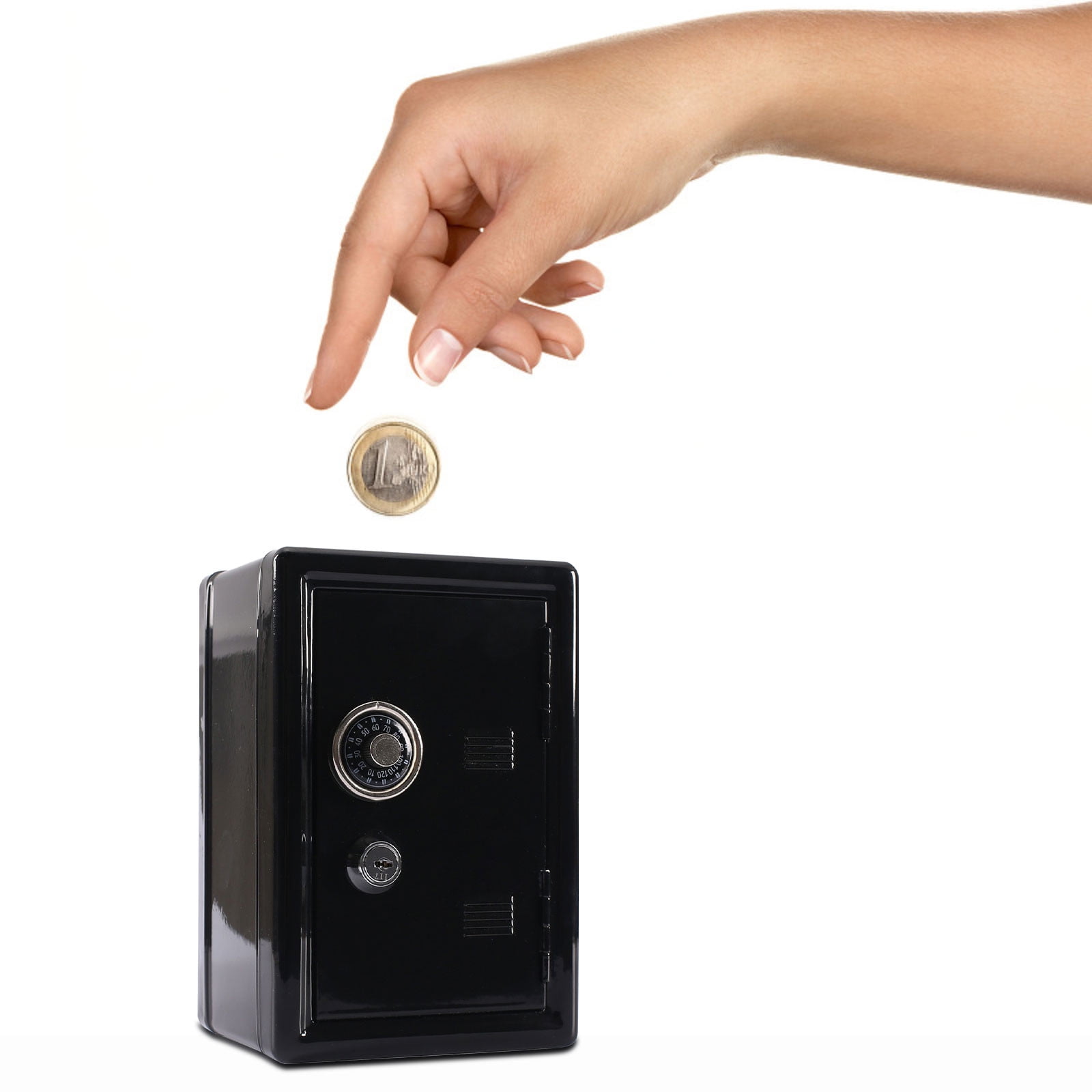 VOAVEKE Metal Cash Box with Key and Combination Lock, Portable Money Safe for Kids (Black, 4.7 in x 3.7 in x 2.4 in) yufdn