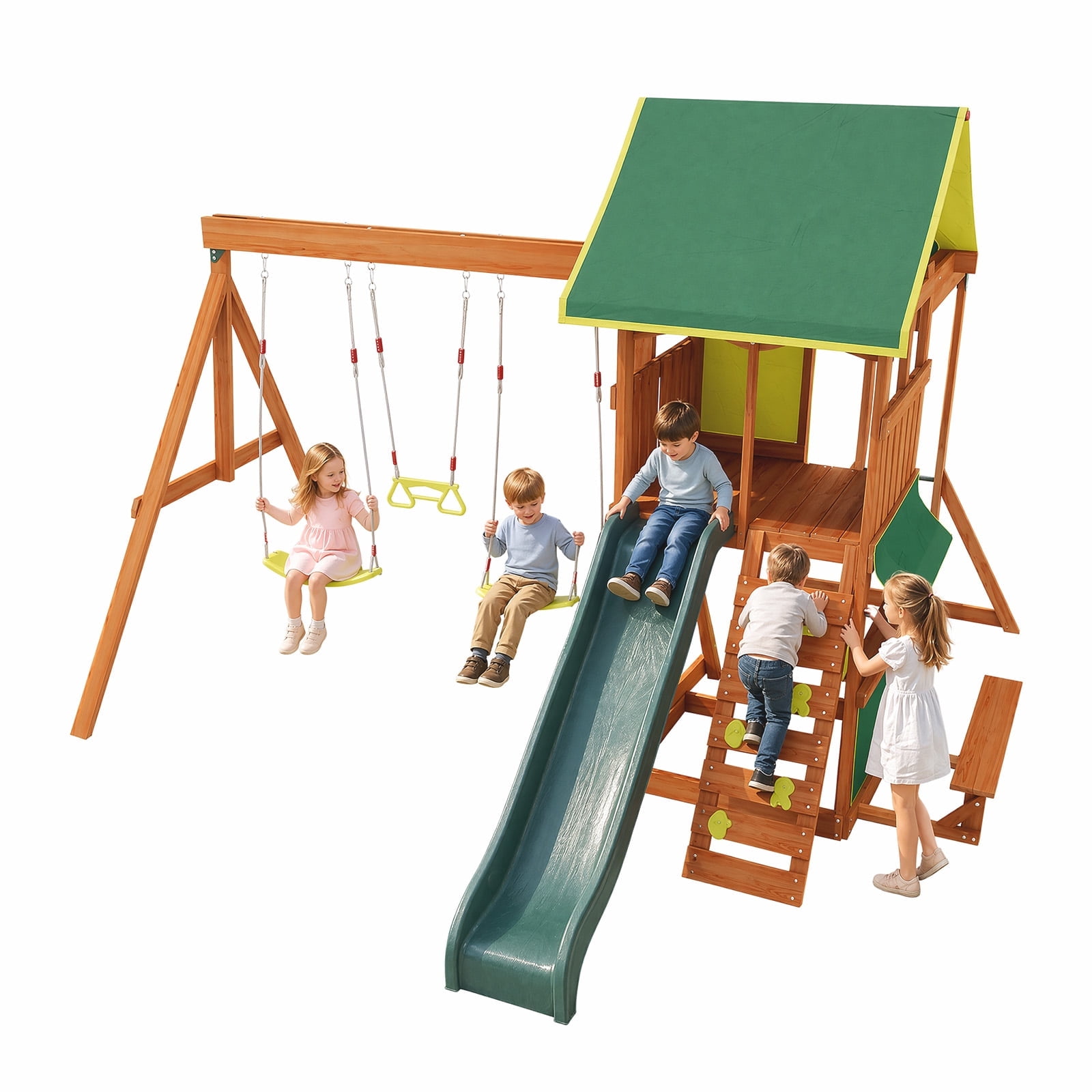 SunSwell Wooden Swing Set for Backyard with 8 ft Wave Slide, Monkey Bars, and Rock Wall (Green) rp4jk