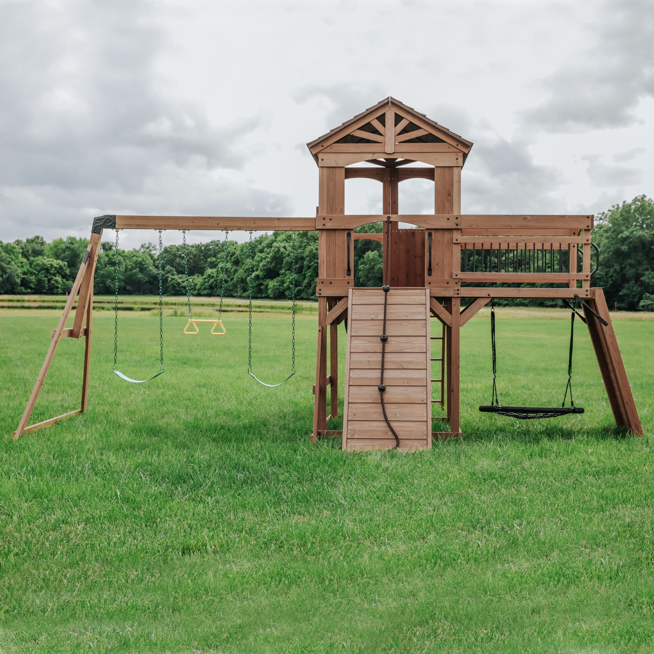 Backyard Discovery Sterling Point Cedar Wood Swing Set with Clubhouse, Slide, and Bridge (Brown, 19 ft x 13 ft) n73lz