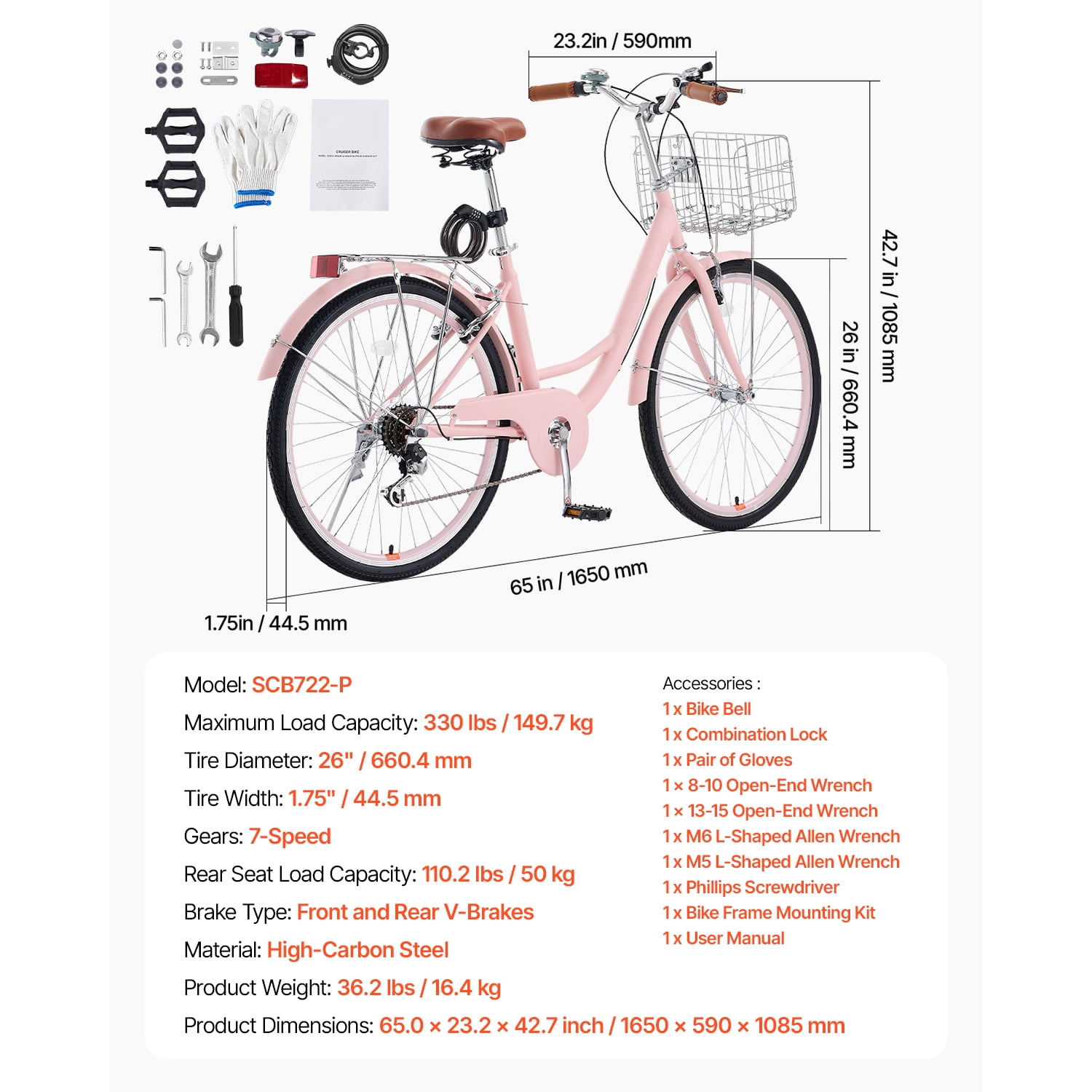 KFFKFF 26 in Cruiser Bike, 7-Speed Beach Bicycle with Basket and Rear Rack, Carbon Steel Frame for Adults (Rose-Tinted, 26 in) txqv8