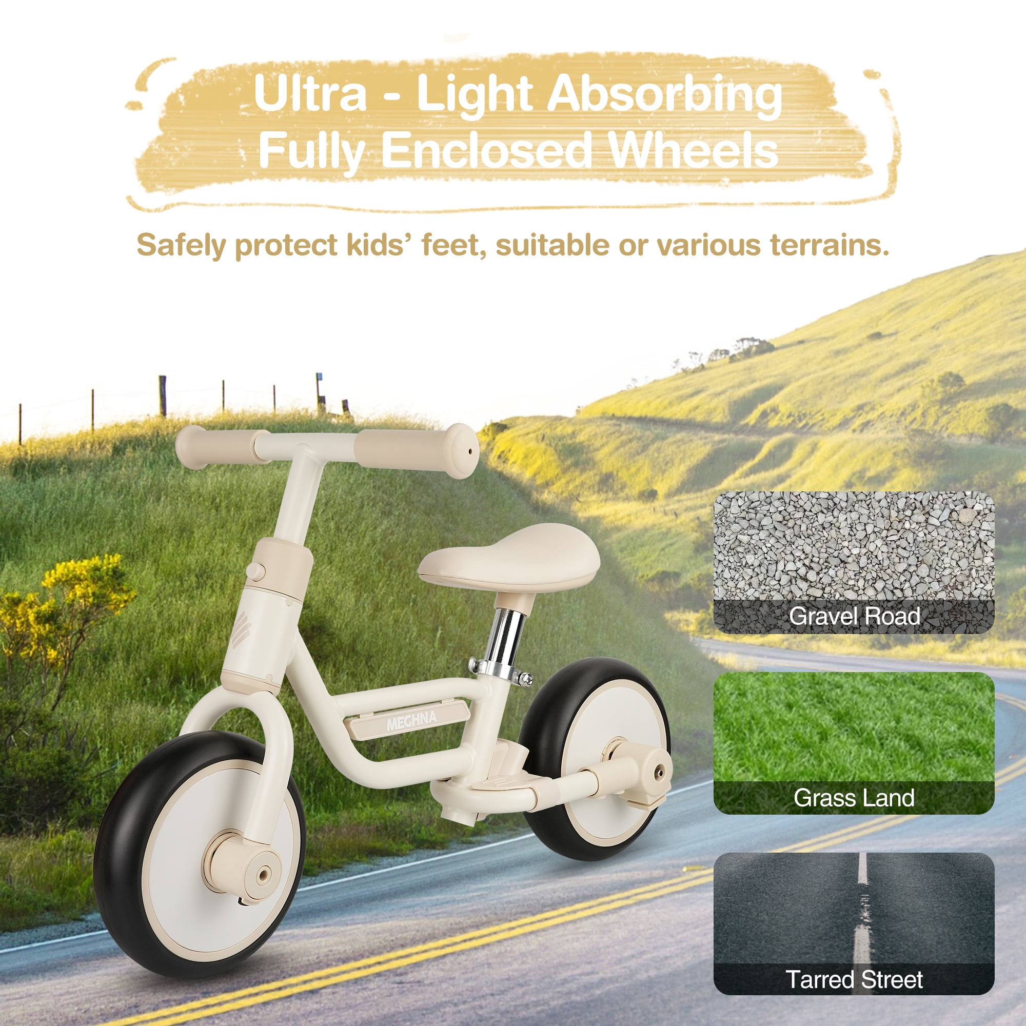 MEGHNA 4-in-1 Toddler Balance Bike with Pushbar and Detachable Training Wheels (White) 9g9z8