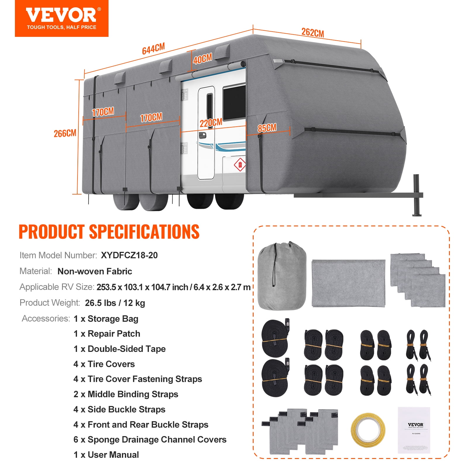 VEVOR Travel Trailer Cover (18-20 ft, Grey) Waterproof 4-Layer RV Camper Protector with Tire Covers and Storage Bag uwc3b
