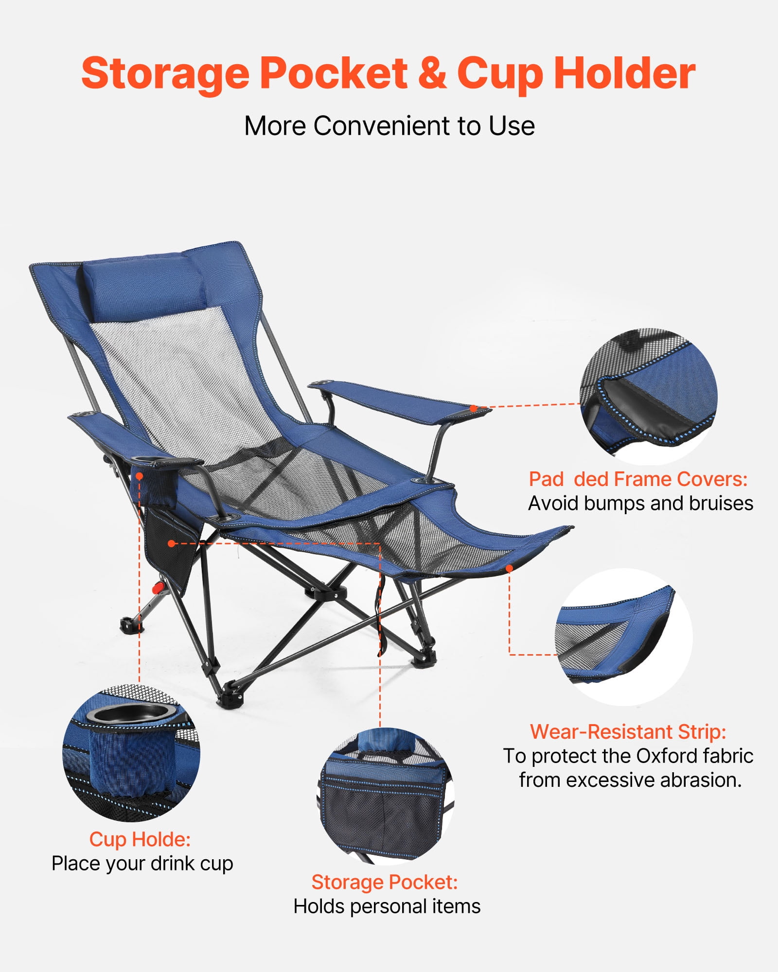 VEVOR Reclining Camping Chair, Portable Folding Lounger with Headrest and Foot Rest (Blue, 220 lb Capacity) q3ppj