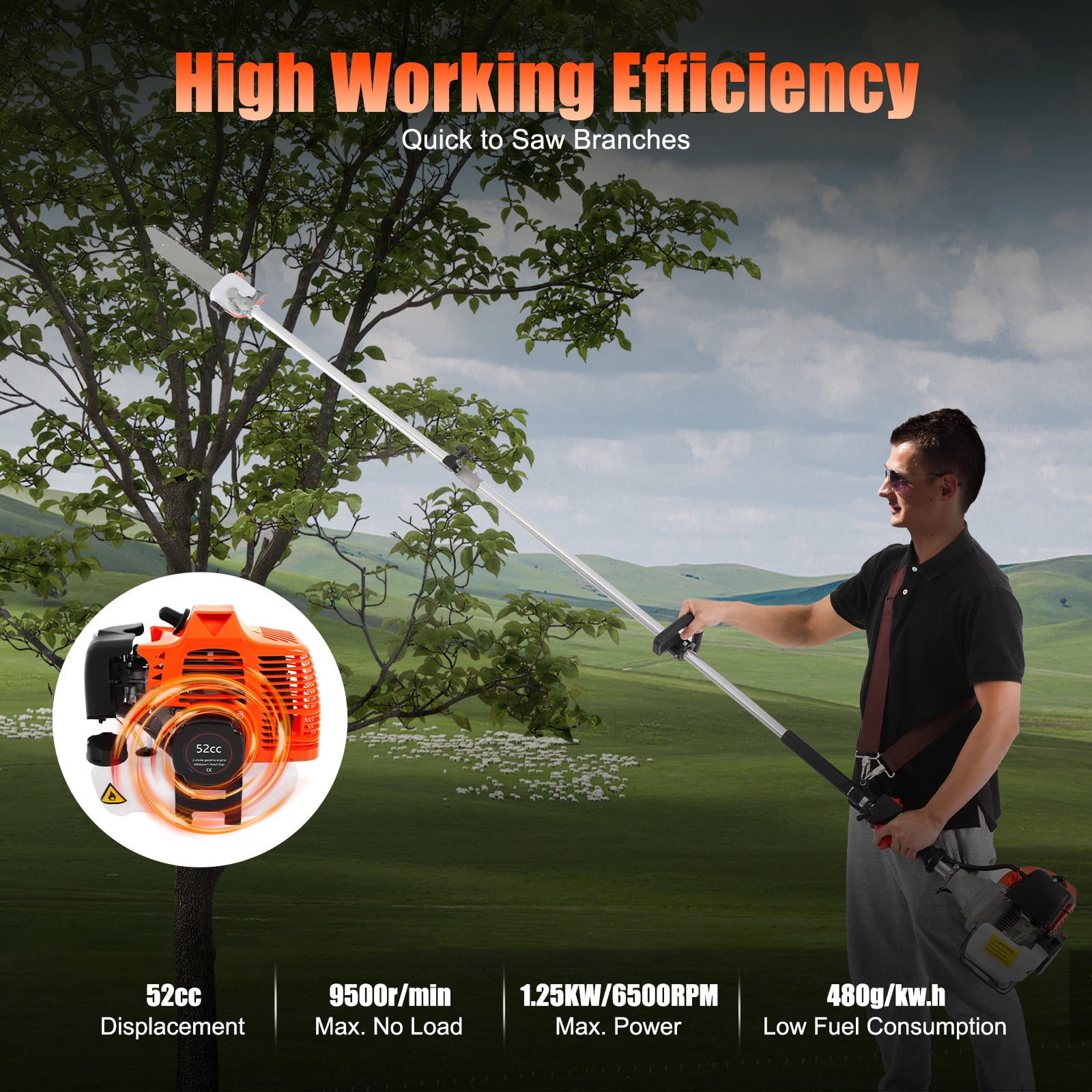 ChicHomey 52CC 2-Stroke Gas Pole Saw Chainsaw, Adjustable Height High Branch Pruner (Orange, 90.55 in) 4ov48