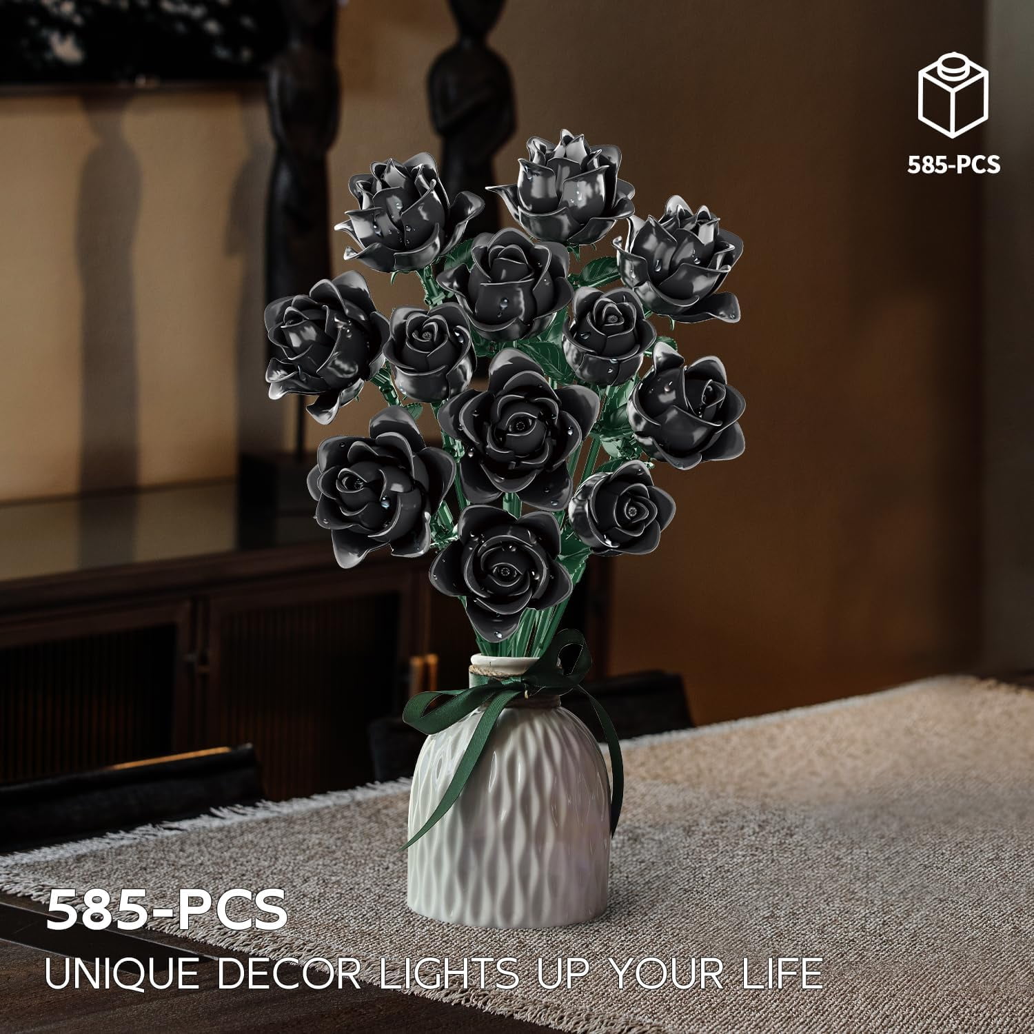 Honchoes Black Rose Flower Bouquet Building Set, Artificial Floral Decor for Home and Office (Black, 585 Pcs) alaxi