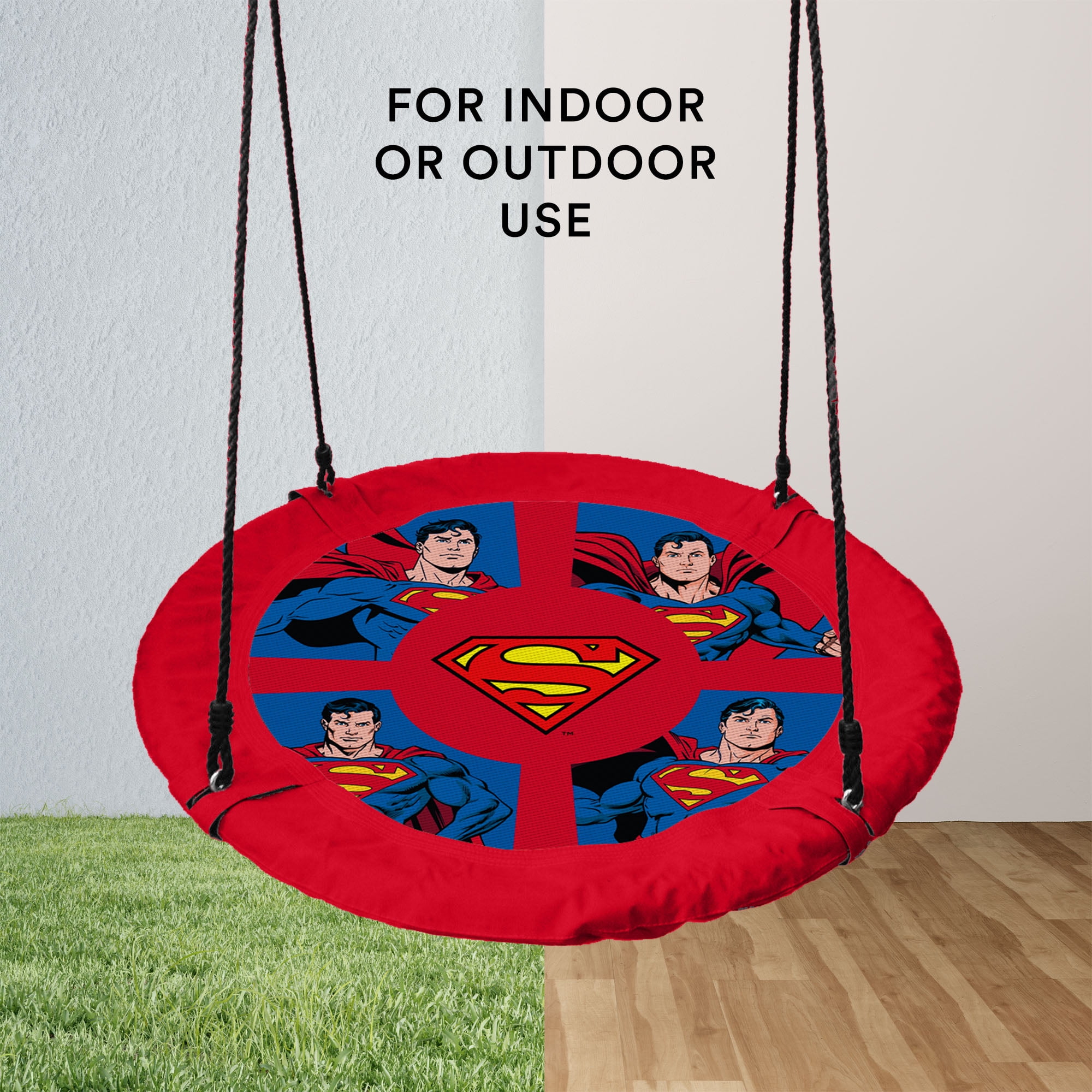 Superman 40 in Saucer Tree Swing, Heavy-Duty Flying Disc Swing with Adjustable Ropes (Red, 40 in) f8x02