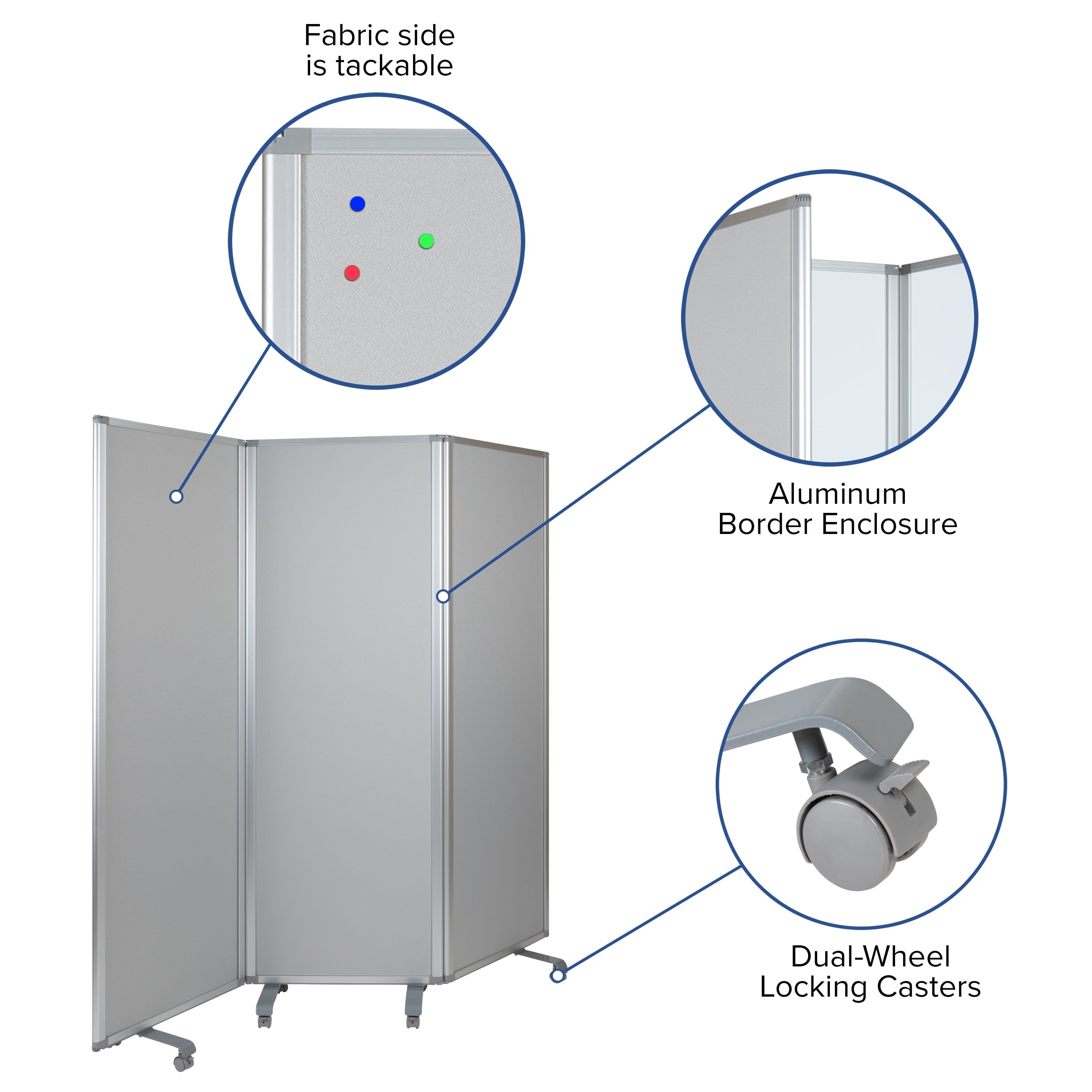 BizChair Mobile Magnetic Whiteboard and Fabric Room Divider (White, 72 in H x 24 in W, 3 Sections) v499p