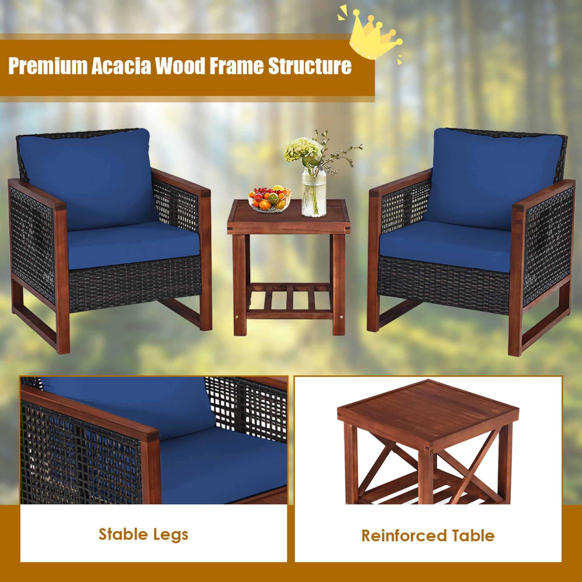 Gymax 3-Piece Rattan Wicker Patio Conversation Set with Navy Cushions (Acacia Wood Frame) 2o7cx
