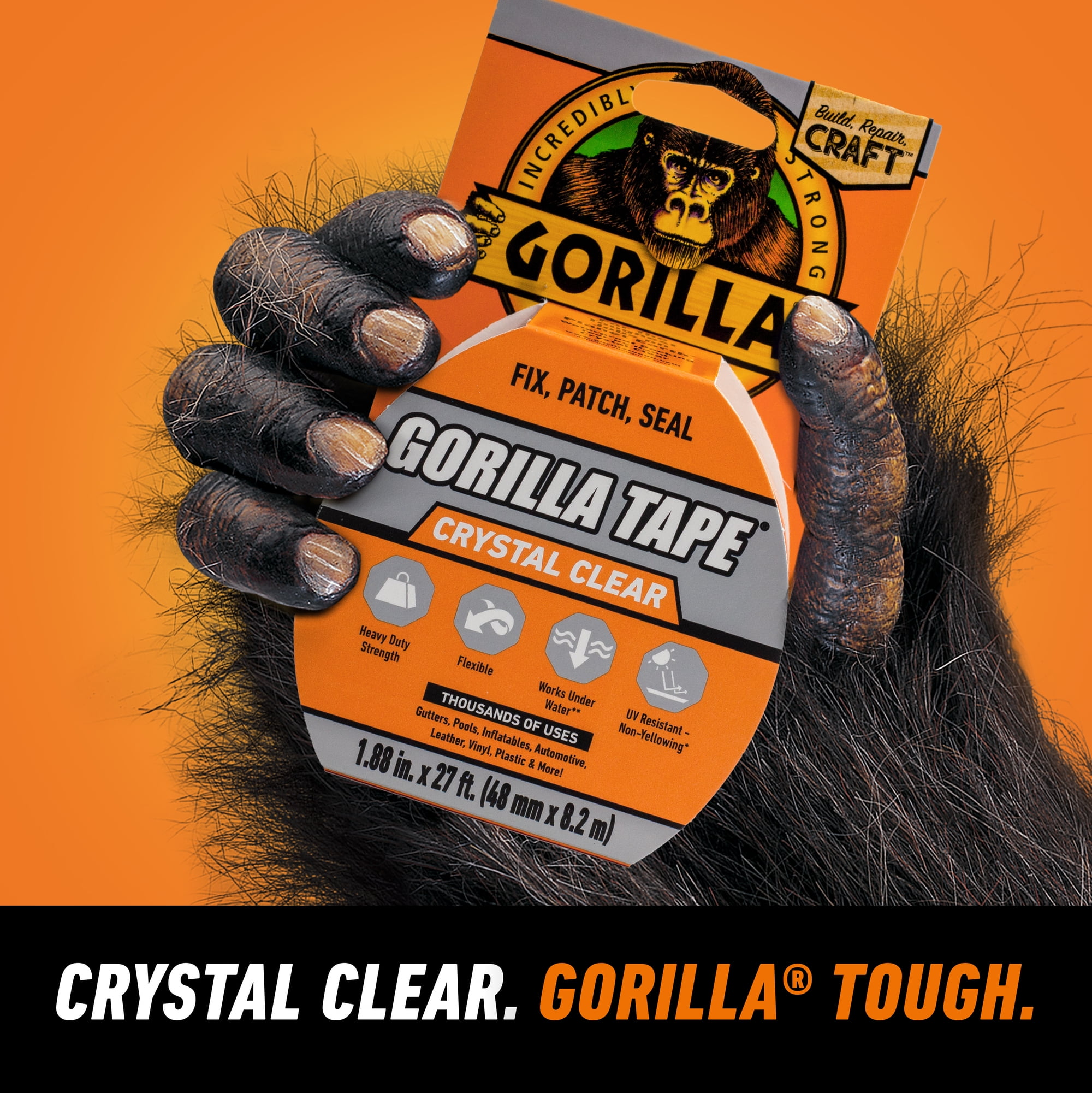 Gorilla Crystal Clear Tape, Heavy-Duty Waterproof Adhesive (Clear, 1.88 in x 27 ft) 58nwv