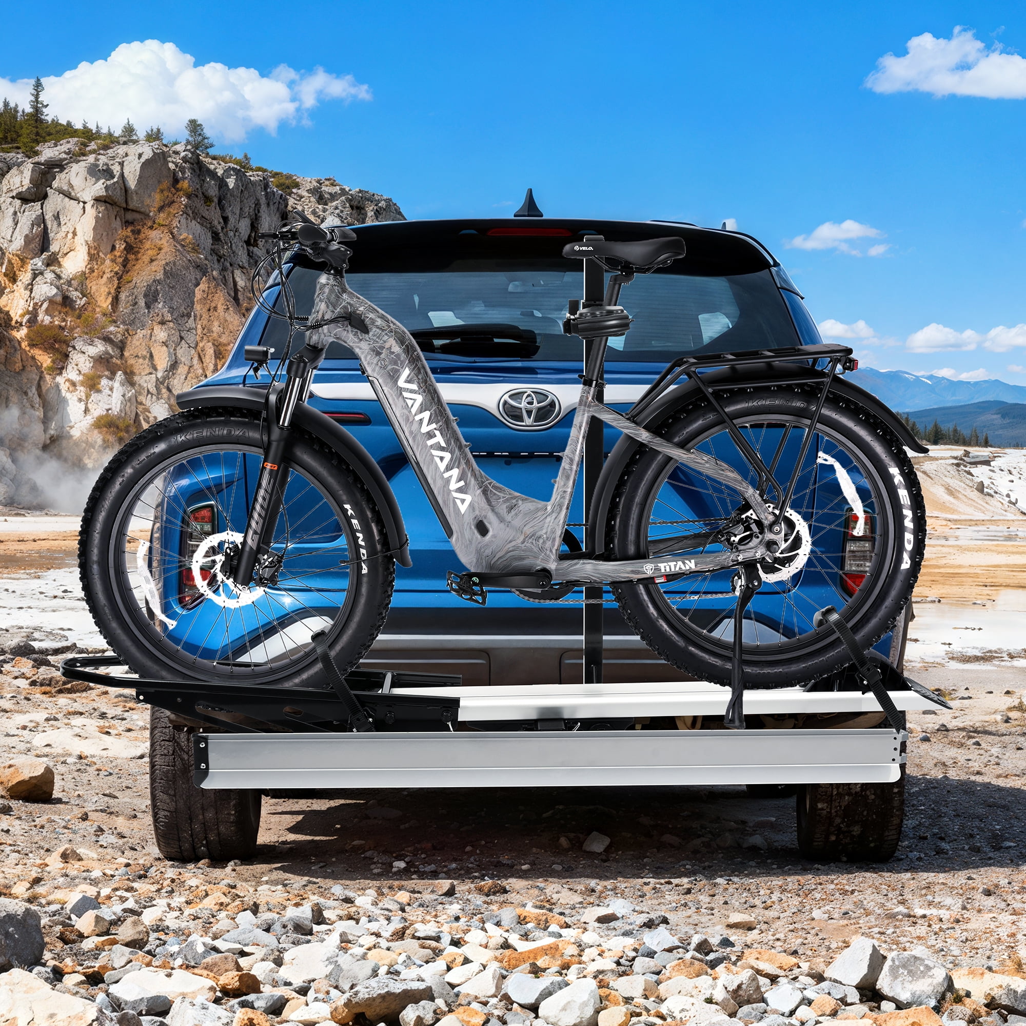 Vantana Hitch Bike Rack with Loading Ramp, Heavy-Duty Aluminum Carrier for Electric Bikes (Silver, 100 lb Capacity) o19al