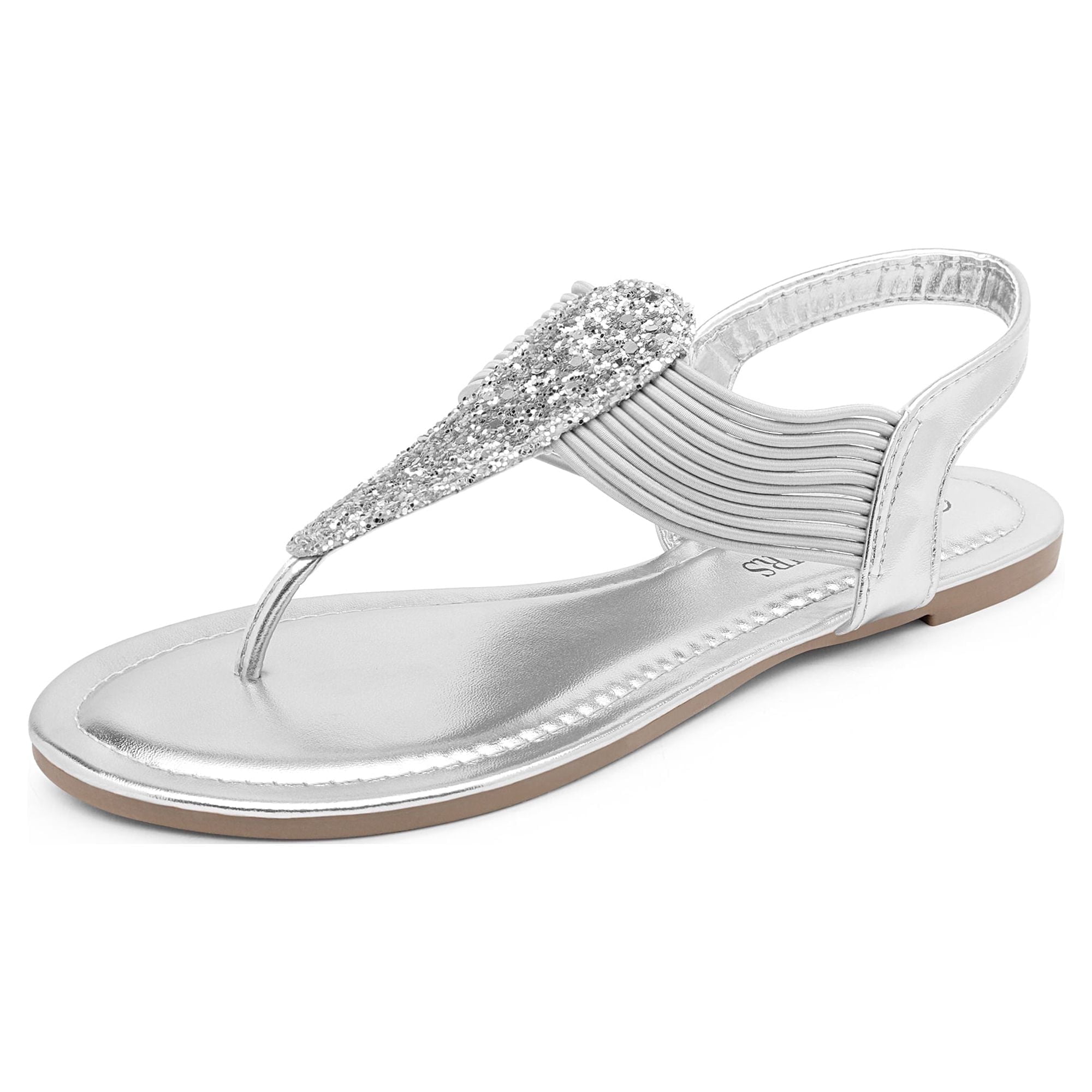 Dream Pairs Women Rhinestone Elastic Strappy Thong Sandals Summer Gladiator Flat Sandals (Silver, 7) jiu6d