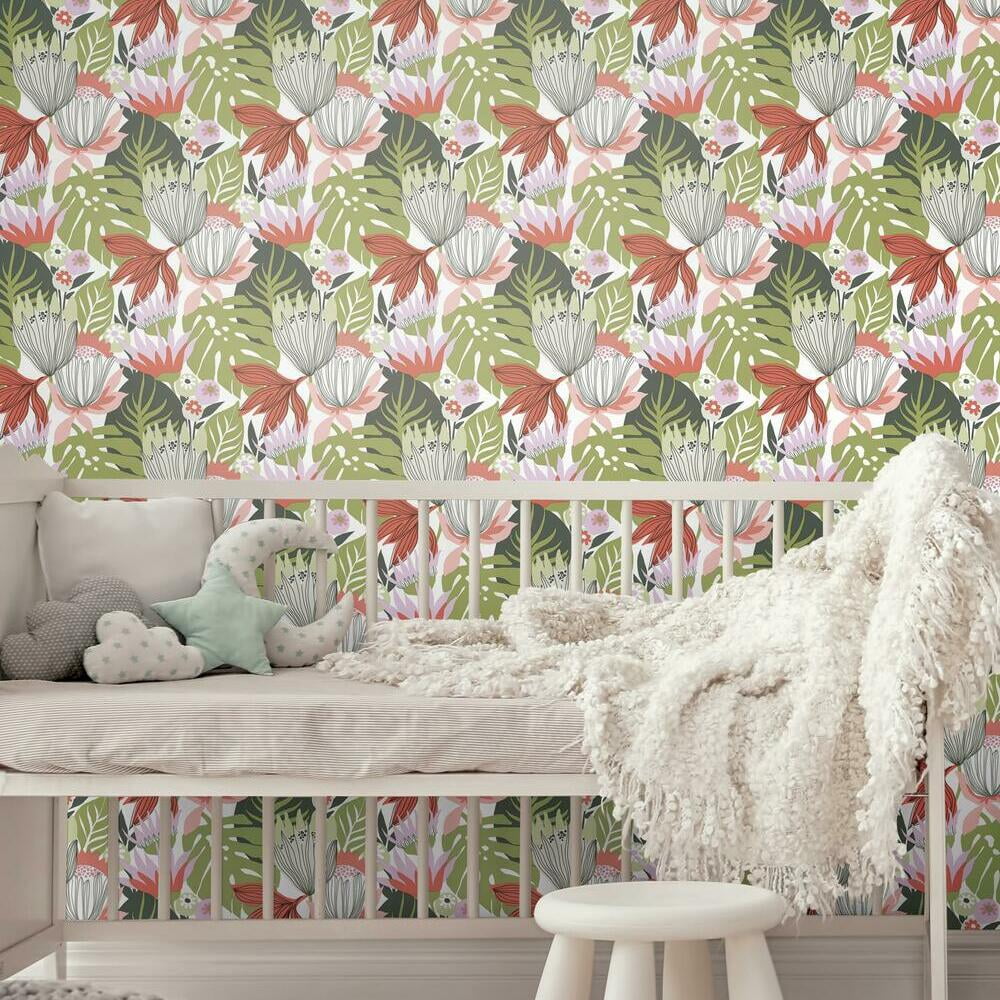 RoomMates Retro Tropical Leaves Peel and Stick Wallpaper (Pink, 20.5 in x 16.5 ft) jncuq