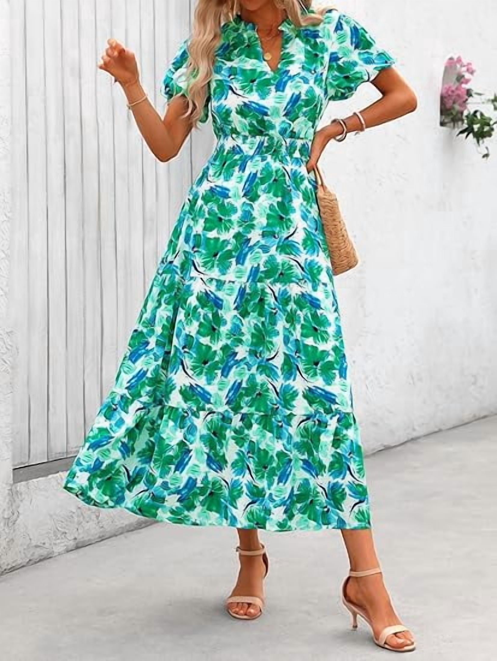 PRETTYGARDEN Women's Floral Maxi Dress V Neck Puff Sleeve Smocked Ruffle Flowy Boho Beach Dress (Green, XL) x0nsf