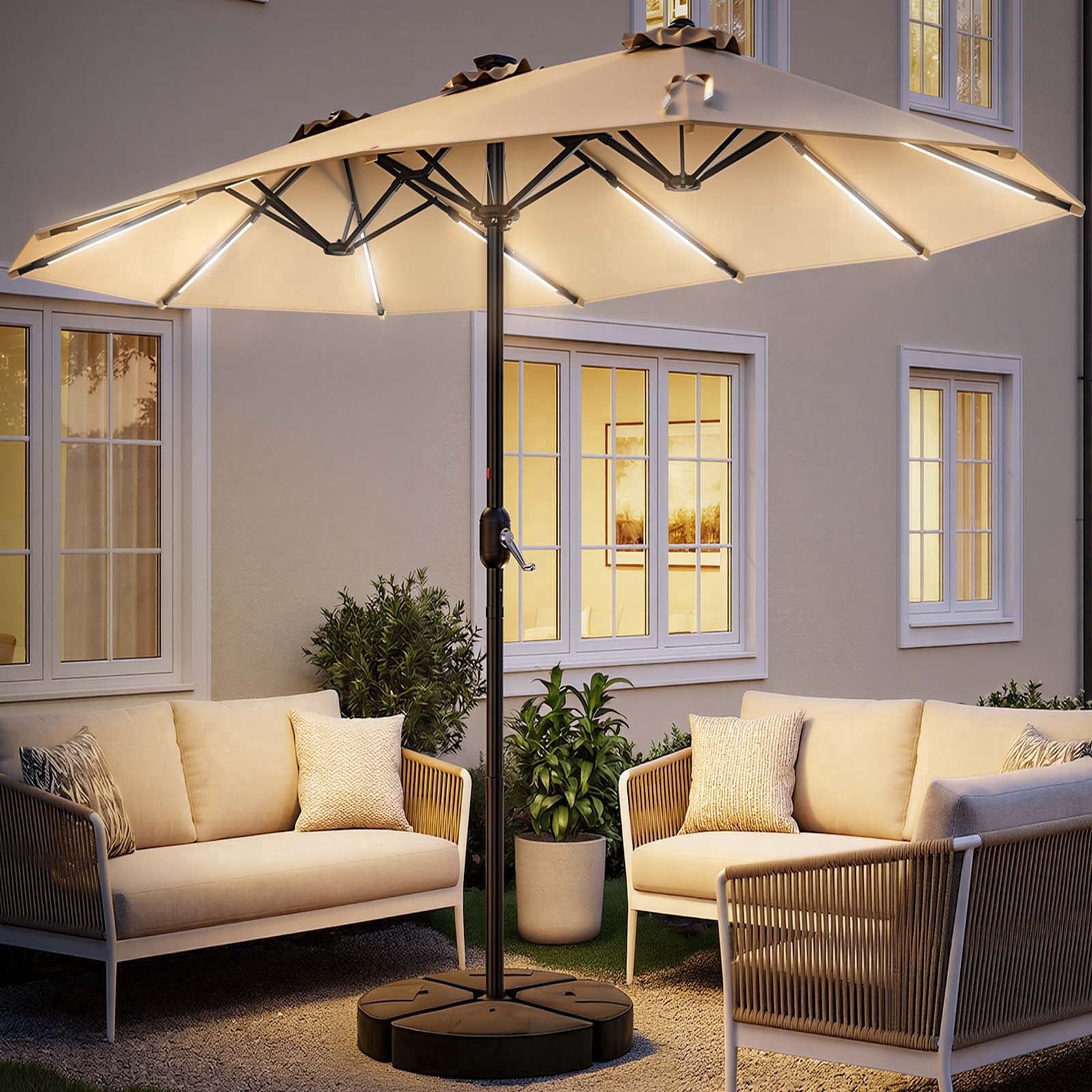 TASKBAY 15ft Double-Sided Patio Umbrella with Solar LED Lights and Base (Beige, 15ft x 9ft) kxlq0