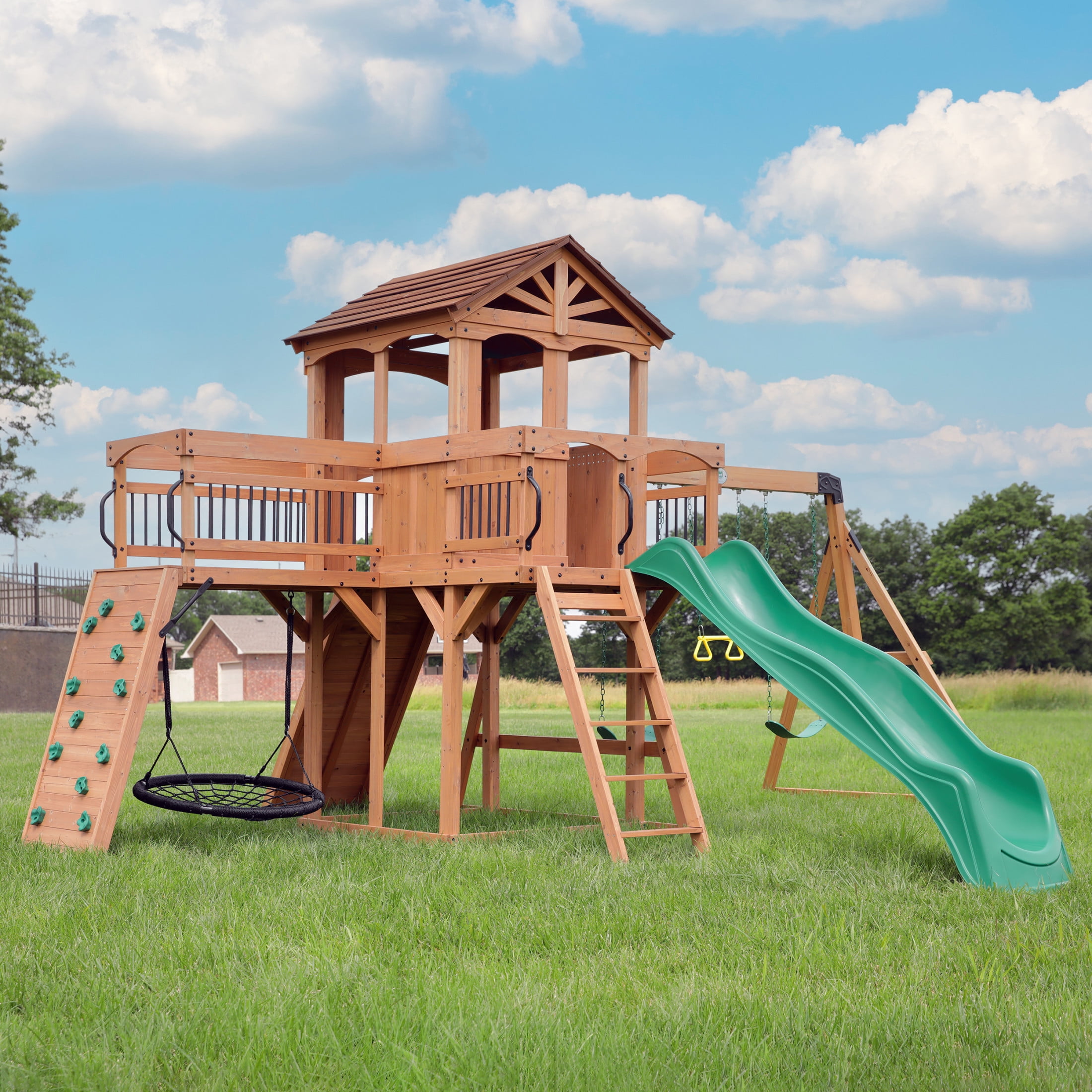 Backyard Discovery Sterling Point Cedar Wood Swing Set with Clubhouse, Slide, and Bridge (Brown, 19 ft x 13 ft) n73lz