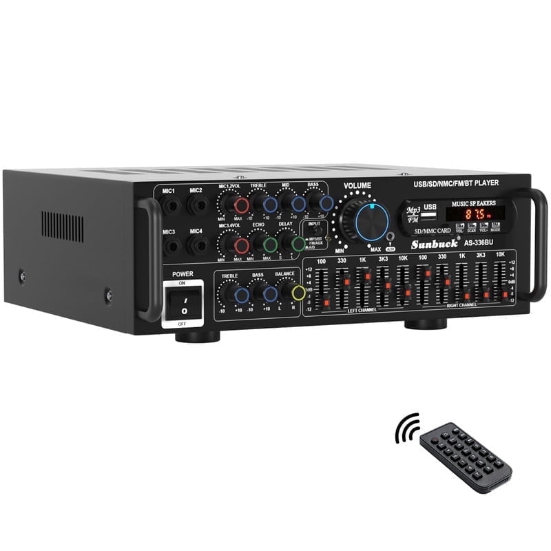 Topteng Stereo Receiver Amplifier with Bluetooth 5.0, 2000W HiFi Home Theater Audio System, 4 Mic Inputs, FM, USB, SD, AUX (Black, 11.4x3.7x9.4 in) dacqh