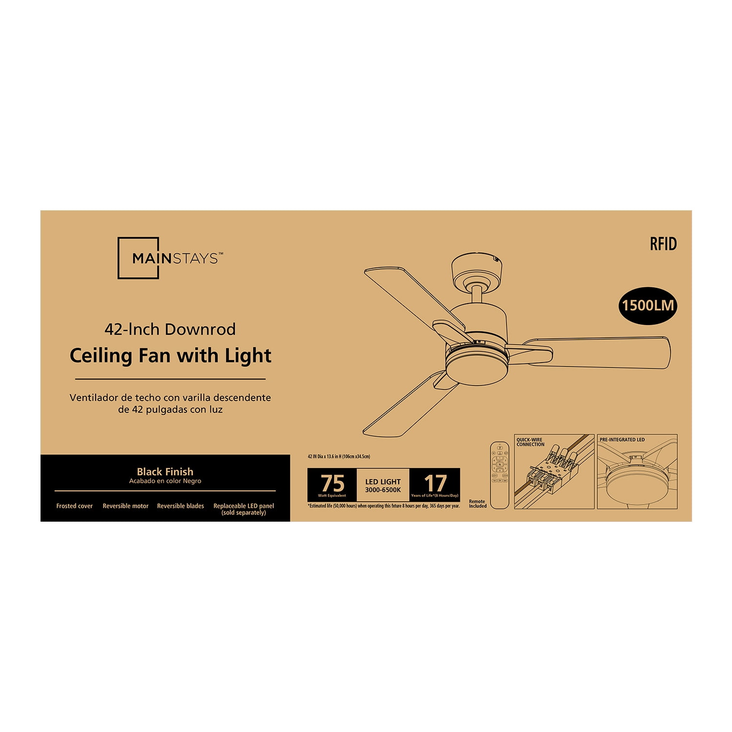 Mainstays 42 in Ceiling Fan with LED Light and Remote Control (Black, 42 in) ofavv