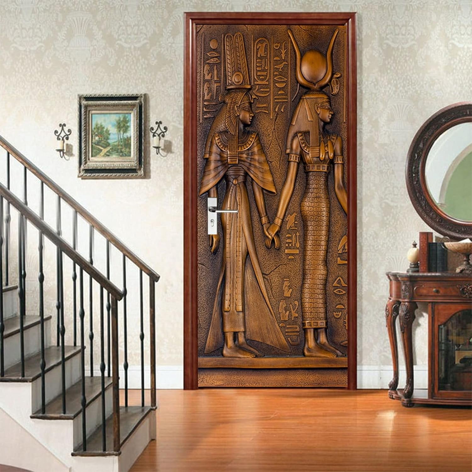 YiZeDaMS 3D Egyptian Sculpture Door Mural Wallpaper Waterproof Vinyl Home Decor Decal (Multicolor, 30.3 in x 78.7 in) jgynf