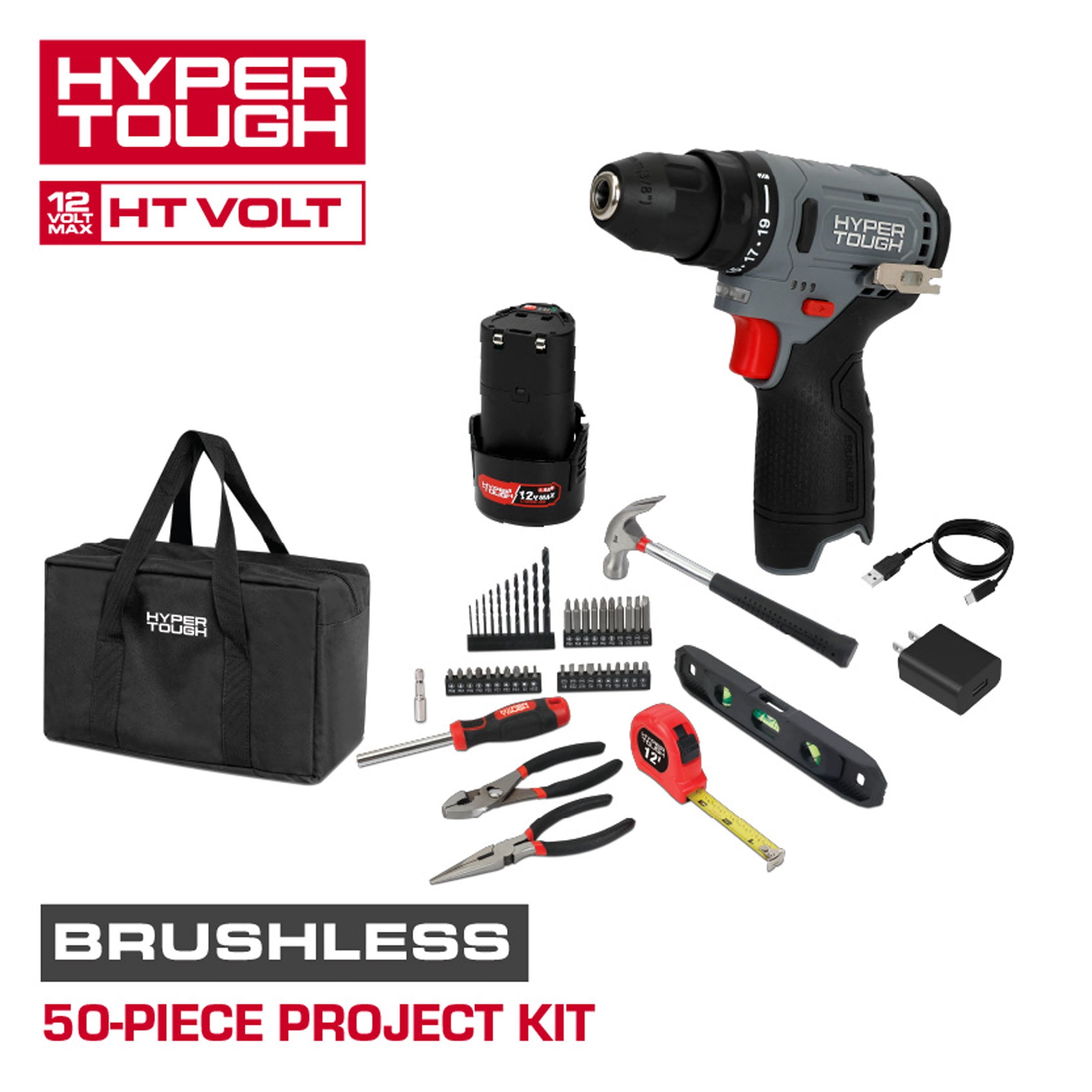 Hyper Tough 12V Brushless Cordless Drill Driver Project Kit (Grey, 50-Piece) vuhc2