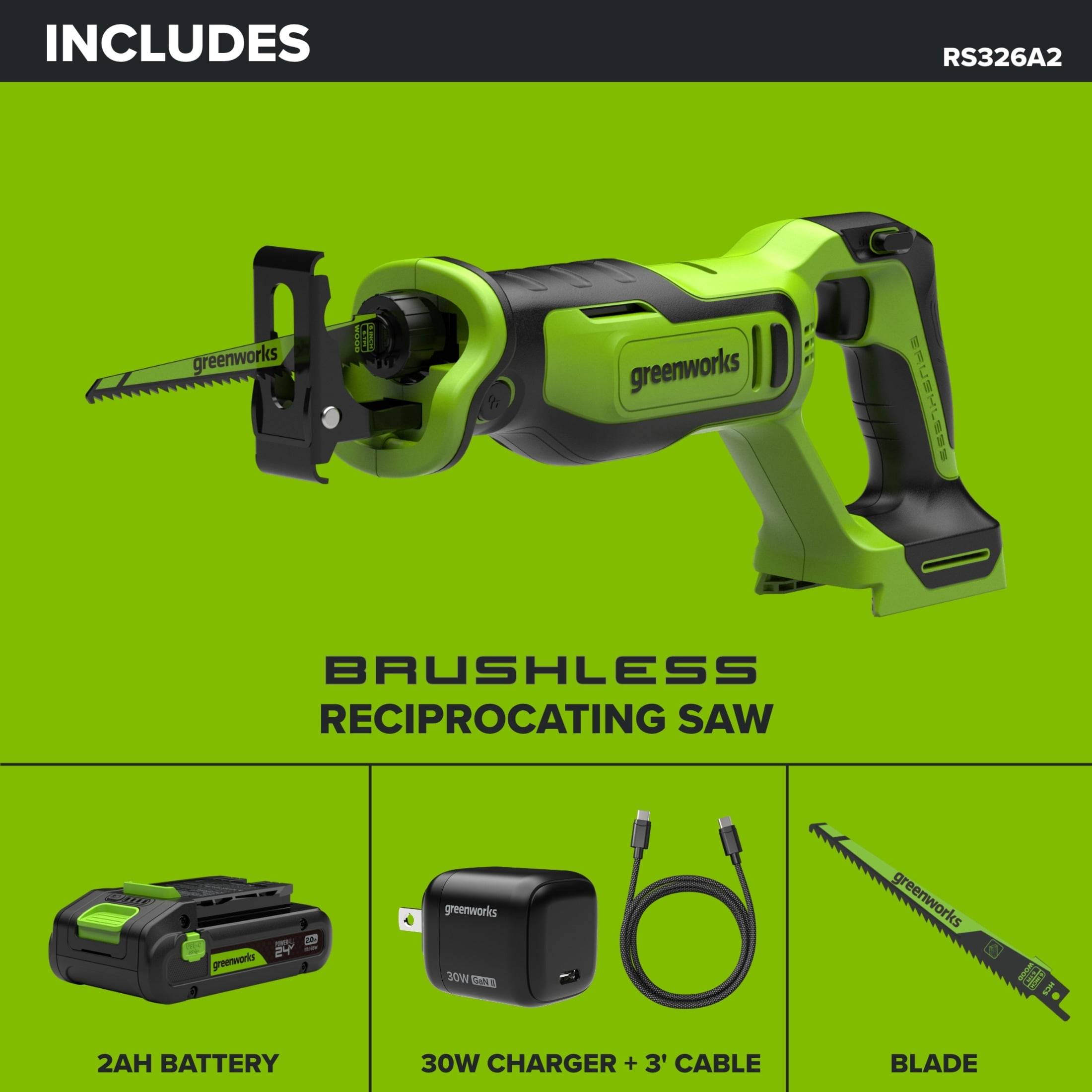 Greenworks PowerAll 24V Brushless Reciprocating Saw Kit with 2Ah Battery and 30W Charger (1 in Stroke Length) jjsok