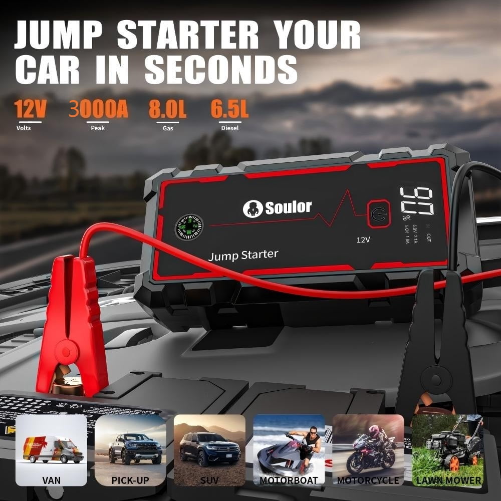 Soulor 3000A Portable Car Battery Jump Starter with Dual USB Power Bank (Black, 12V) hf722