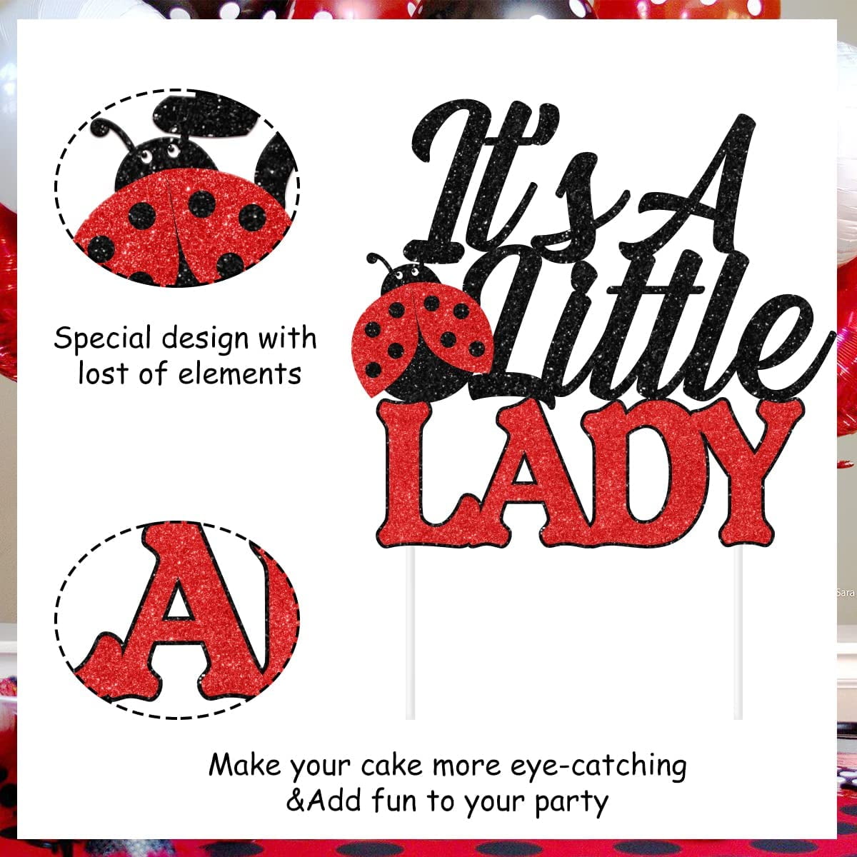 Cheereveal Ladybug Cake Topper Set for Baby Shower and Birthday Party (Red, 25 Pieces) 6zcho