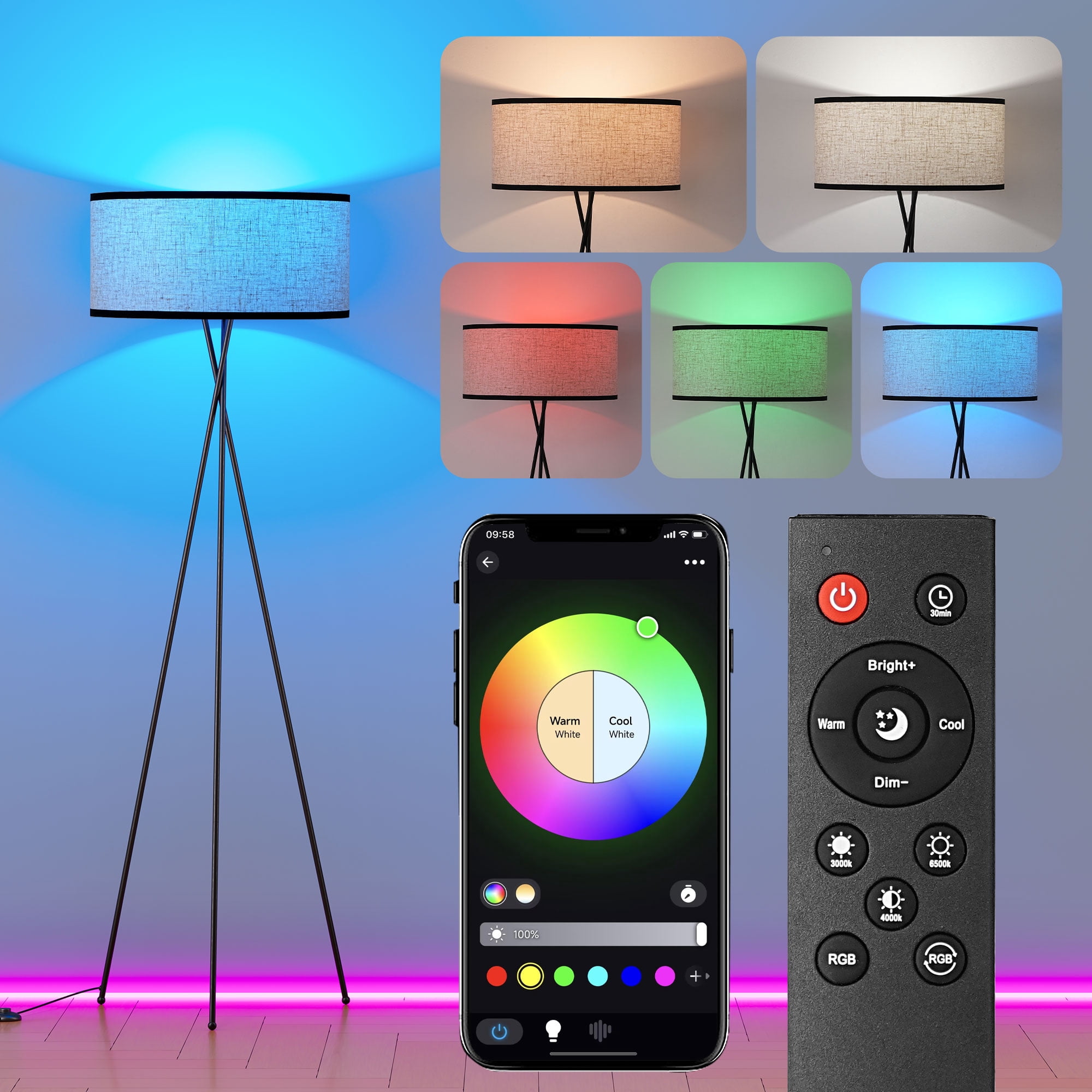 EDISHINE Tripod Floor Lamp with Remote and APP Control, Modern Dimmable LED Standing Lamp with RGB Bulb and Flaxen Linen Shade (Black, 66.9 in) nujo4