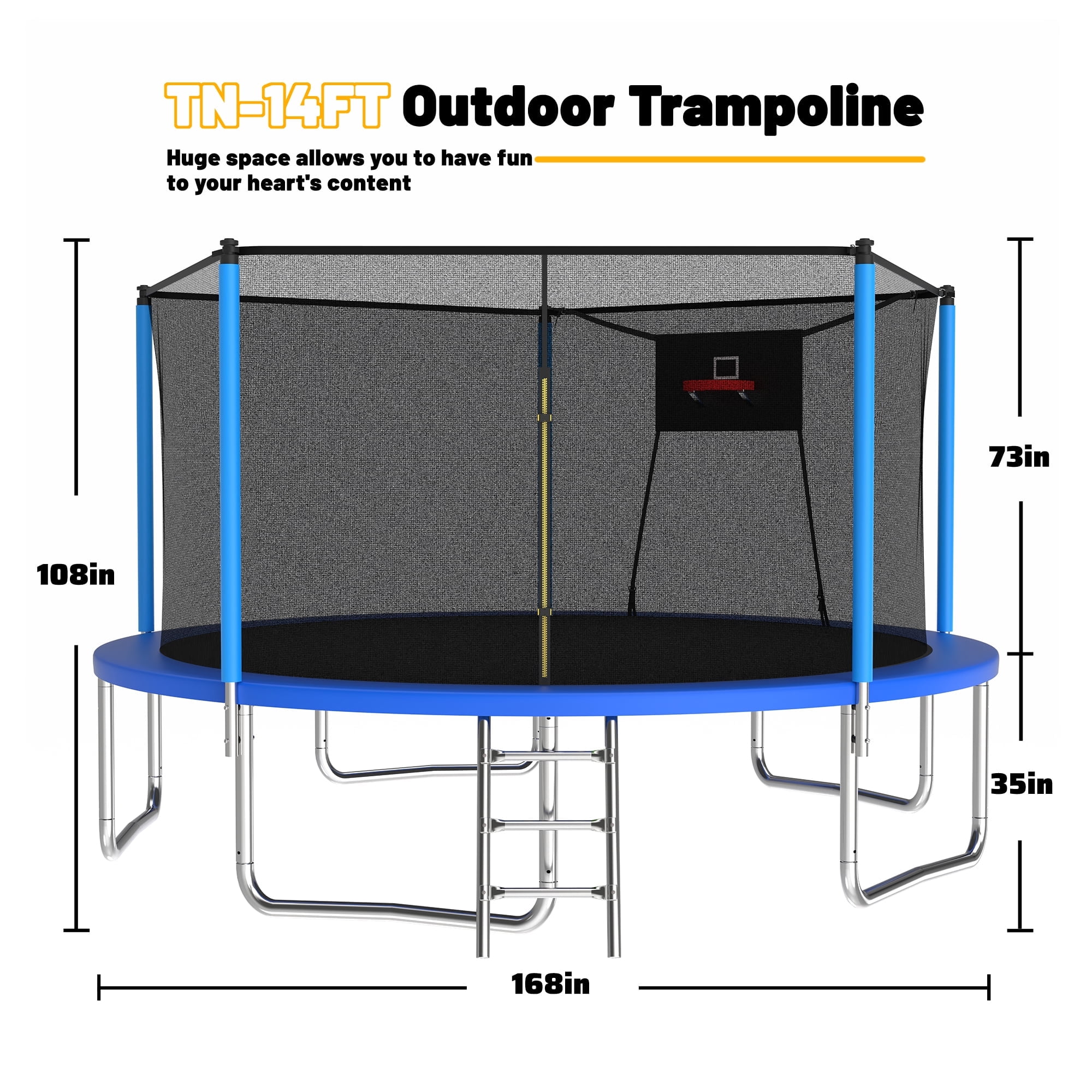 Mersco 14ft Outdoor Backyard Trampoline with Basketball Hoop, Enclosure Net, and Ladder (Blue, 14 ft) r6mvk