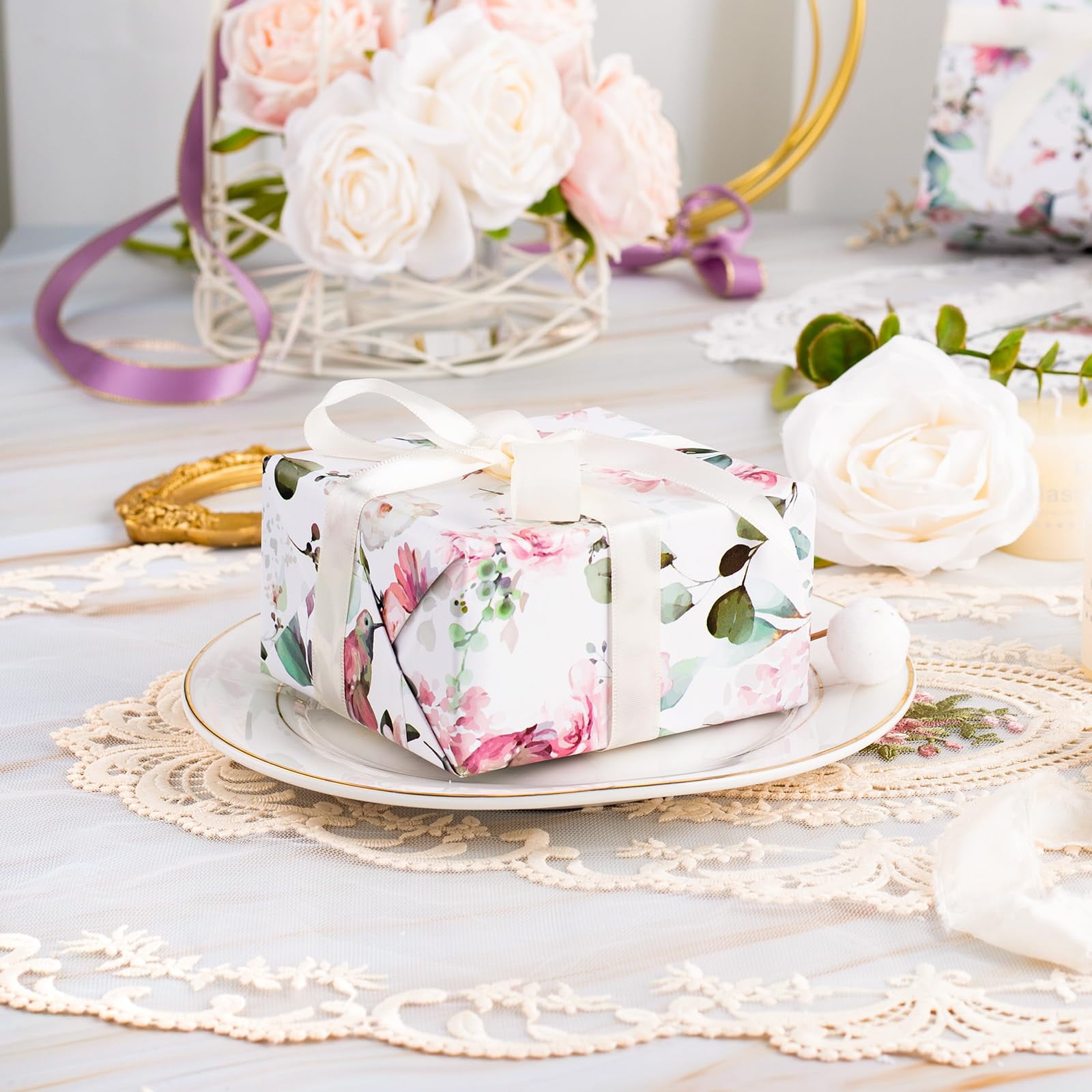 HOMERAL Floral Gift Wrapping Paper Roll - Romantic Pink Bird Design for Birthdays and Weddings (Pink, 17 in x 33 ft) mlgka