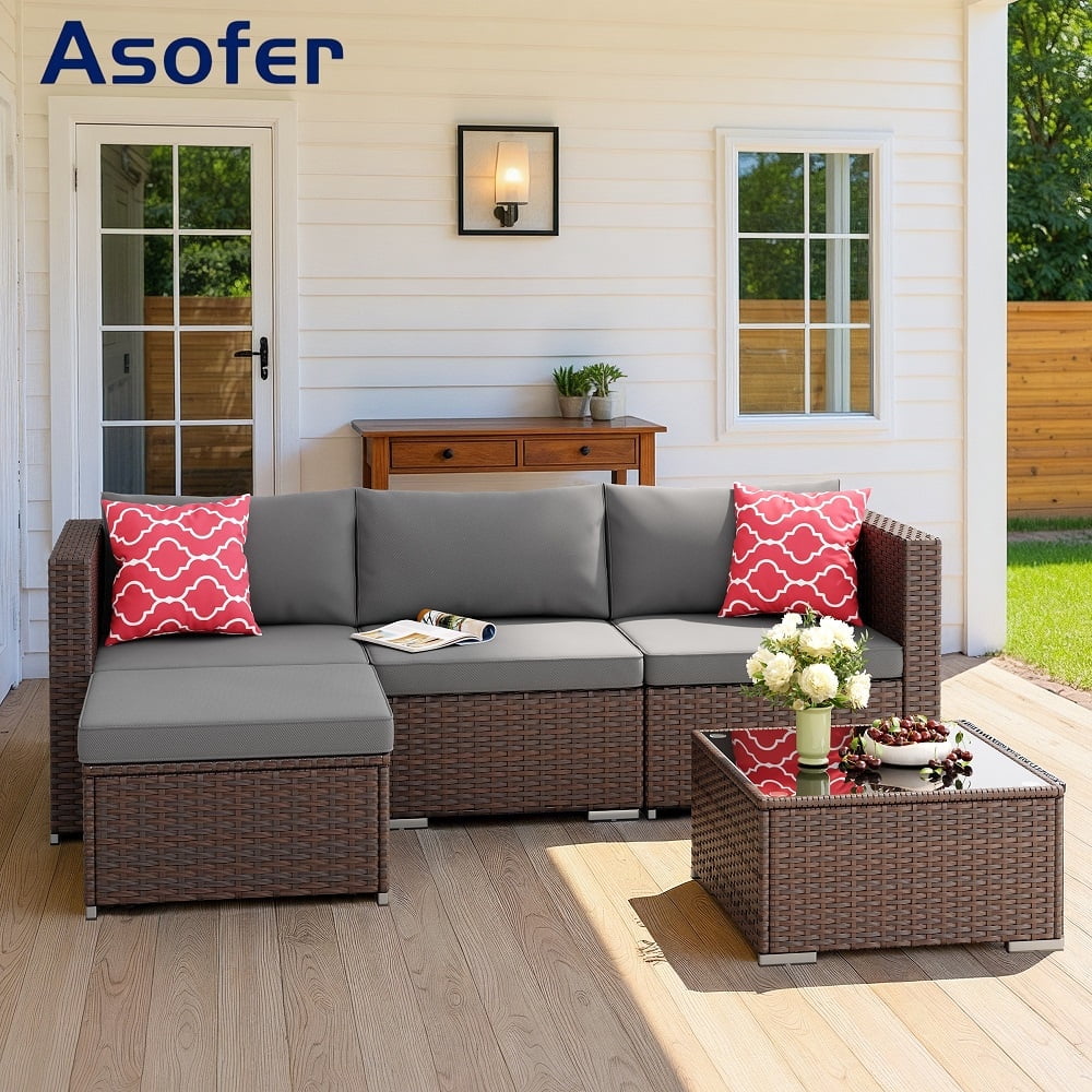 Asofer 5-Piece Outdoor Sectional Sofa Set with Glass Coffee Table and Cushions (Gray, 85 in x 52 in x 25 in) wh9kt