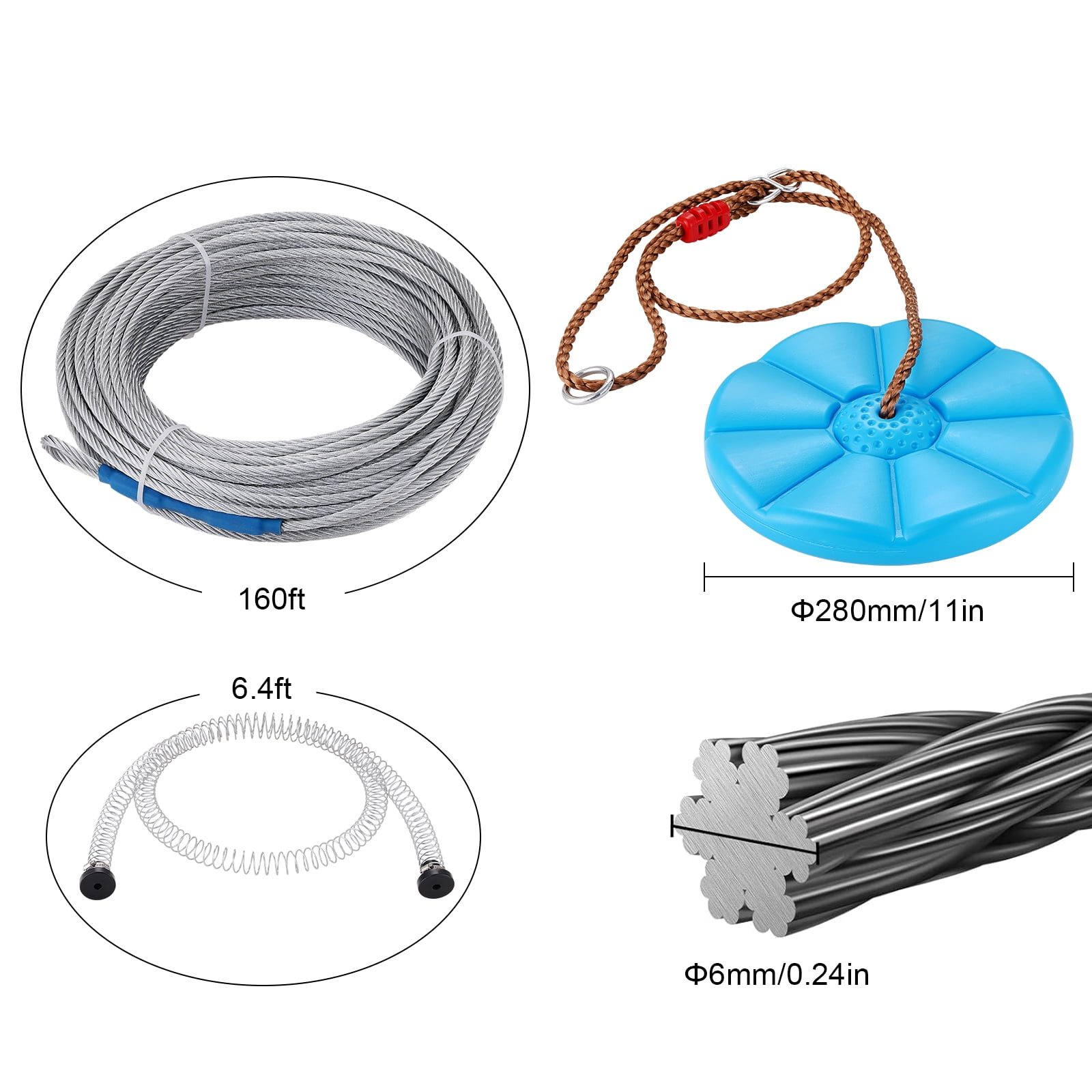 VEVOR Zipline Kit for Backyard Outdoor Play, Heavy-Duty Stainless Steel Cable with Spring Brake and Safety Harness (Blue, 160 ft) t0r89
