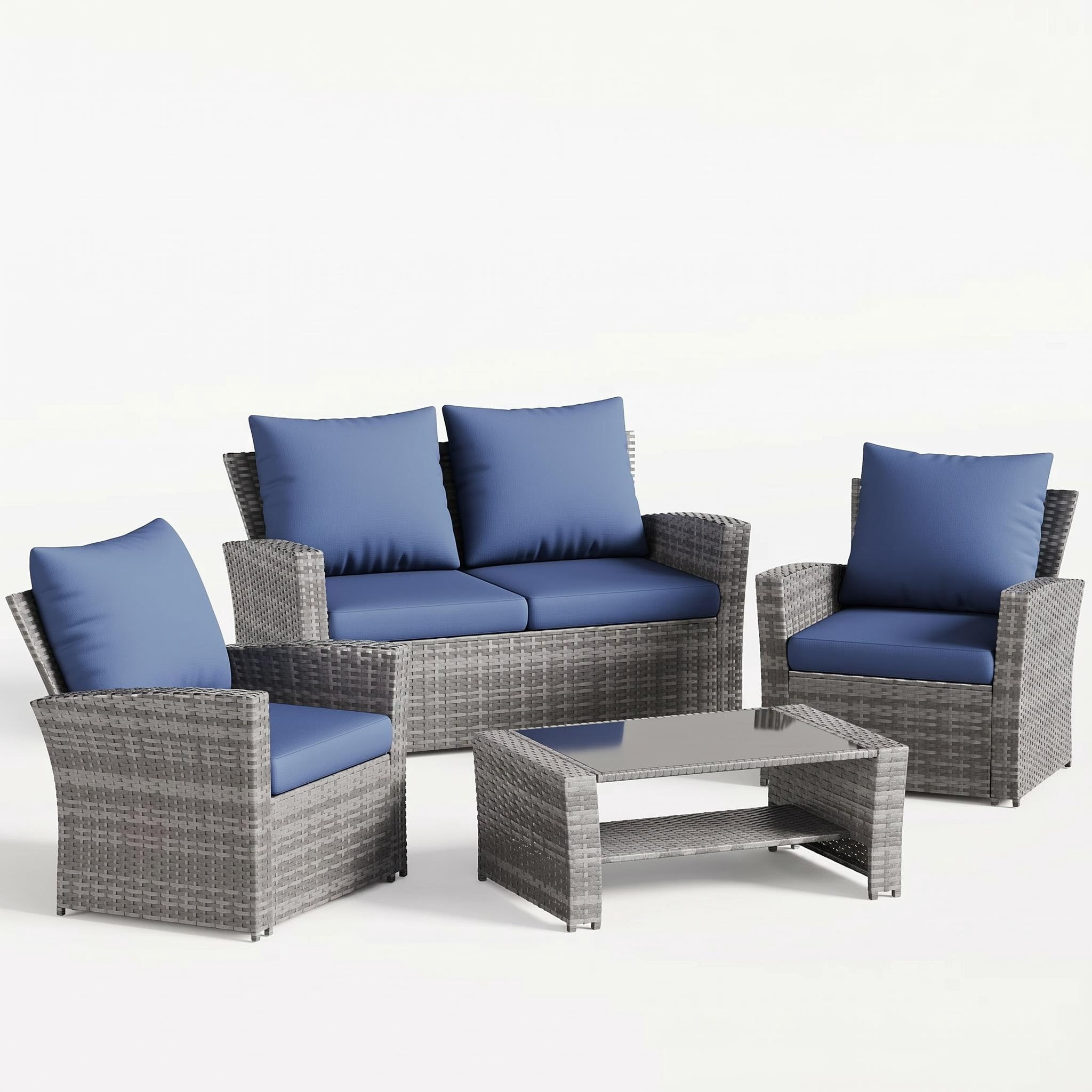 UDPATIO 4-Piece Wicker Patio Furniture Set, Outdoor Conversation Set with Loveseat, 2 Chairs and Glass Coffee Table (Blue, 4-Piece) iwfuv
