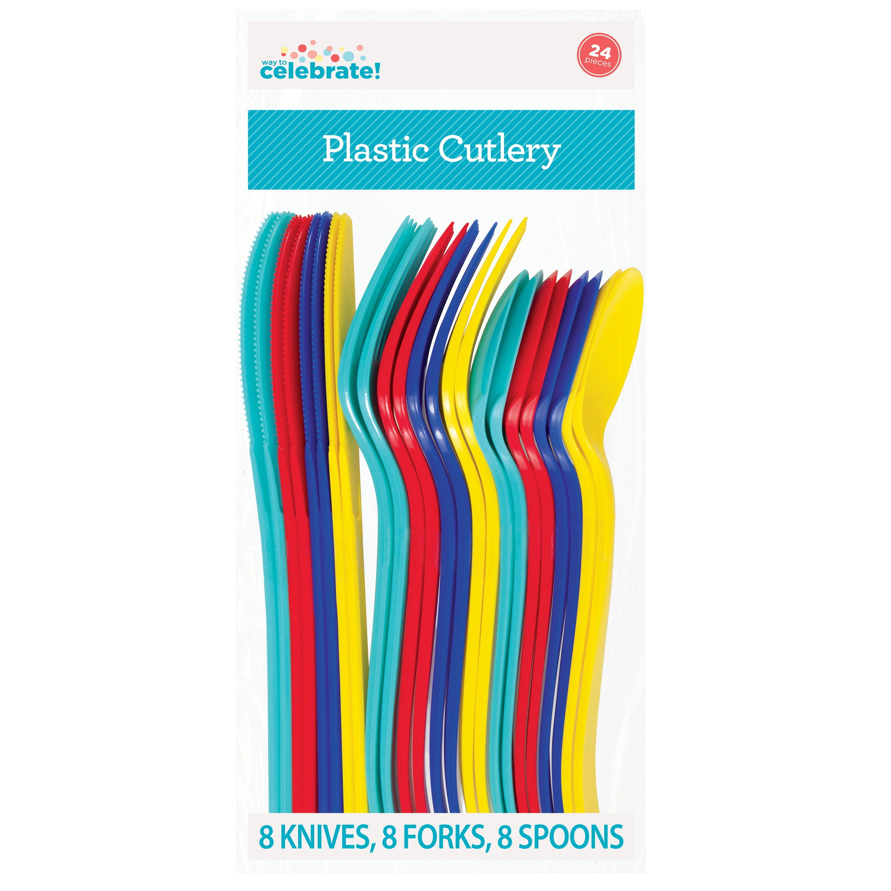 Way To Celebrate Disposable Cutlery Set, Party Supplies for Birthday and Events (Assorted Colors, 24 Pieces) 6eu68