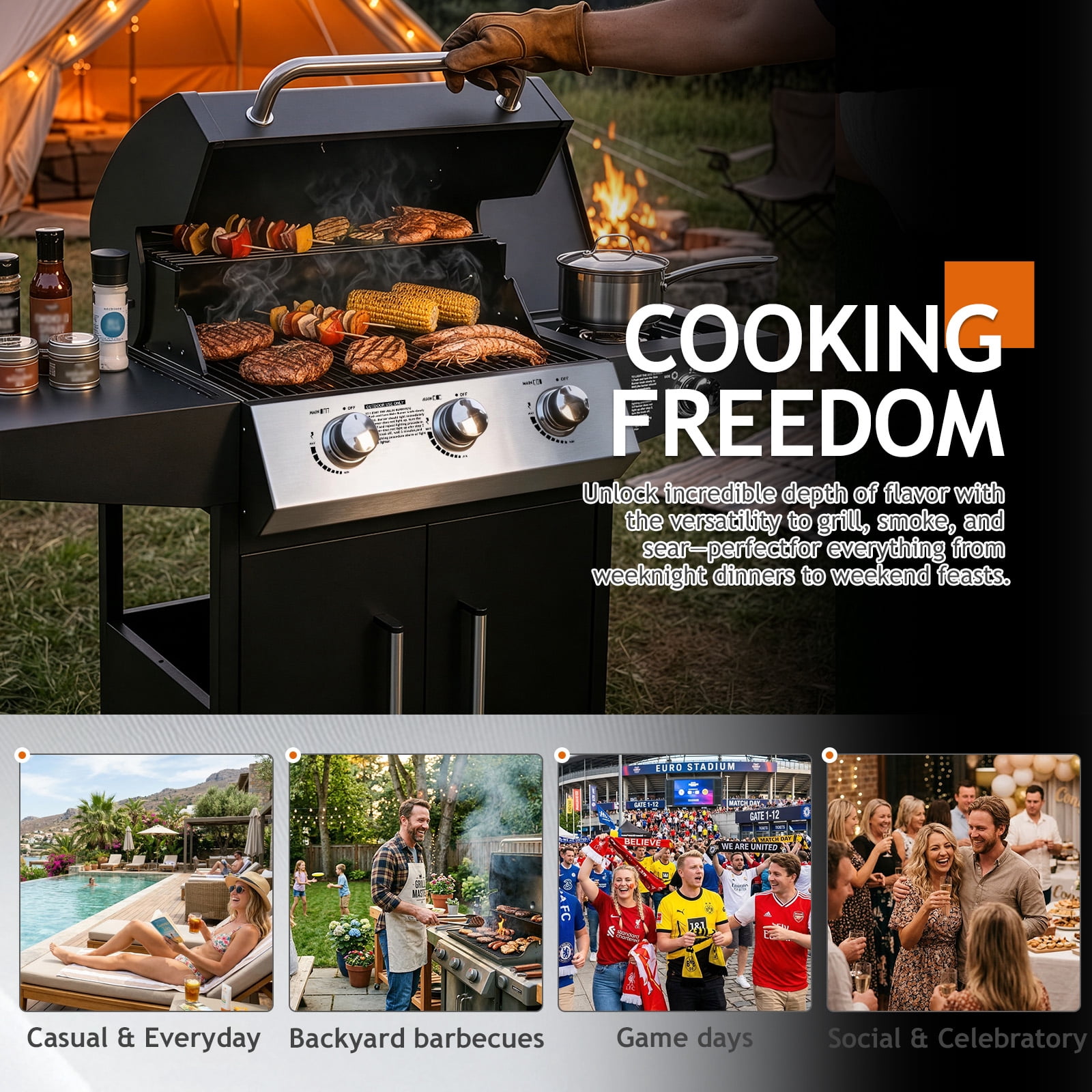 UBesGoo 3-Burner Propane Gas Grill with Side Burner (Black, 46000 BTU) qi2i0