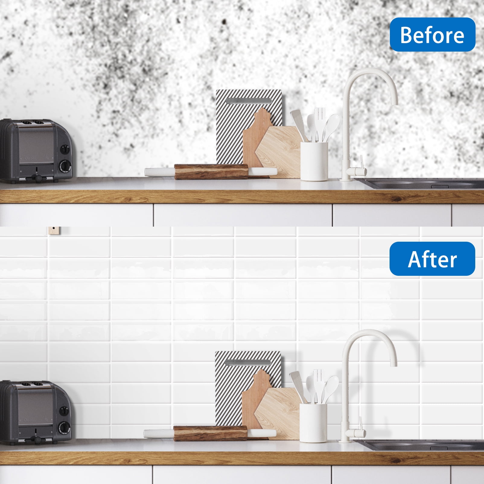 DEWOO Peel and Stick Backsplash Wall Tiles, Extra Thick 3D Adhesive Panels for Kitchen and Bathroom (White, 10 Pack, 12 in x 12 in) v78c3