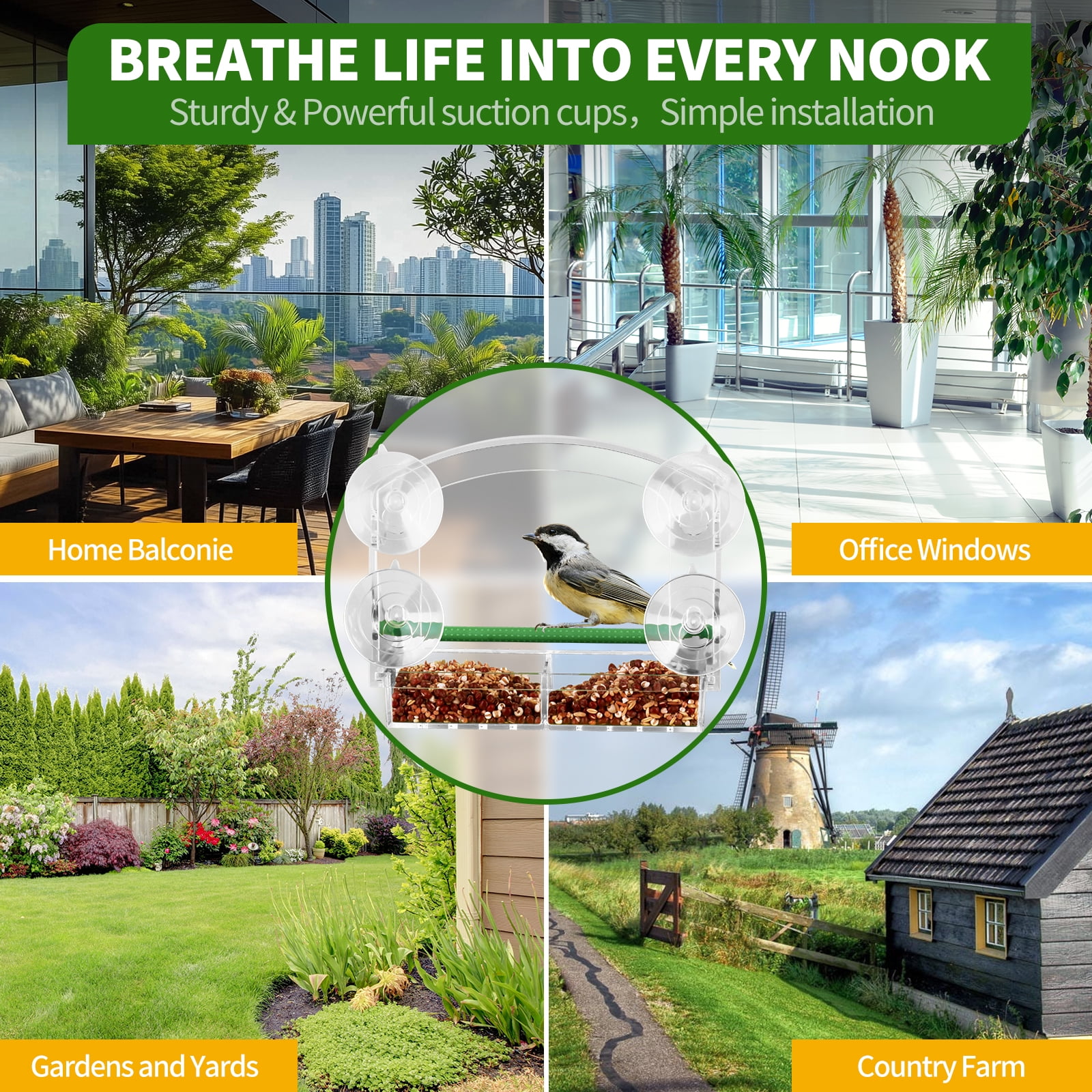 PHANCIR Window Bird Feeder for Outdoors, Clear Acrylic Bird House with Strong Suction Cups and Removable Seed Tray (10.5 in x 3.93 in x 7 in) 8w4ps