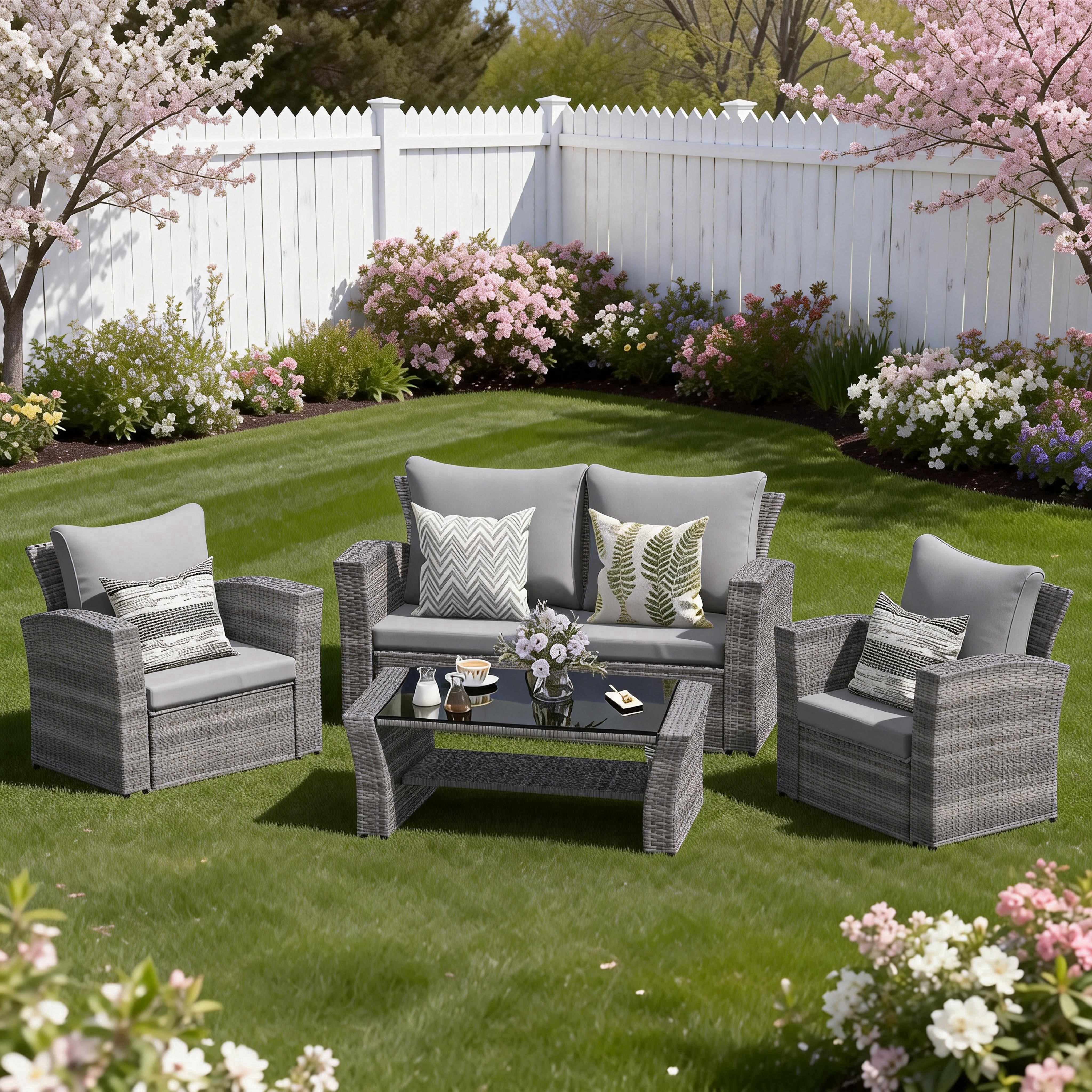 Heynemo 4-Piece Outdoor Patio Furniture Set, Wicker Sectional Sofa with Coffee Table (Gray, 4-Piece Set) sn4ow