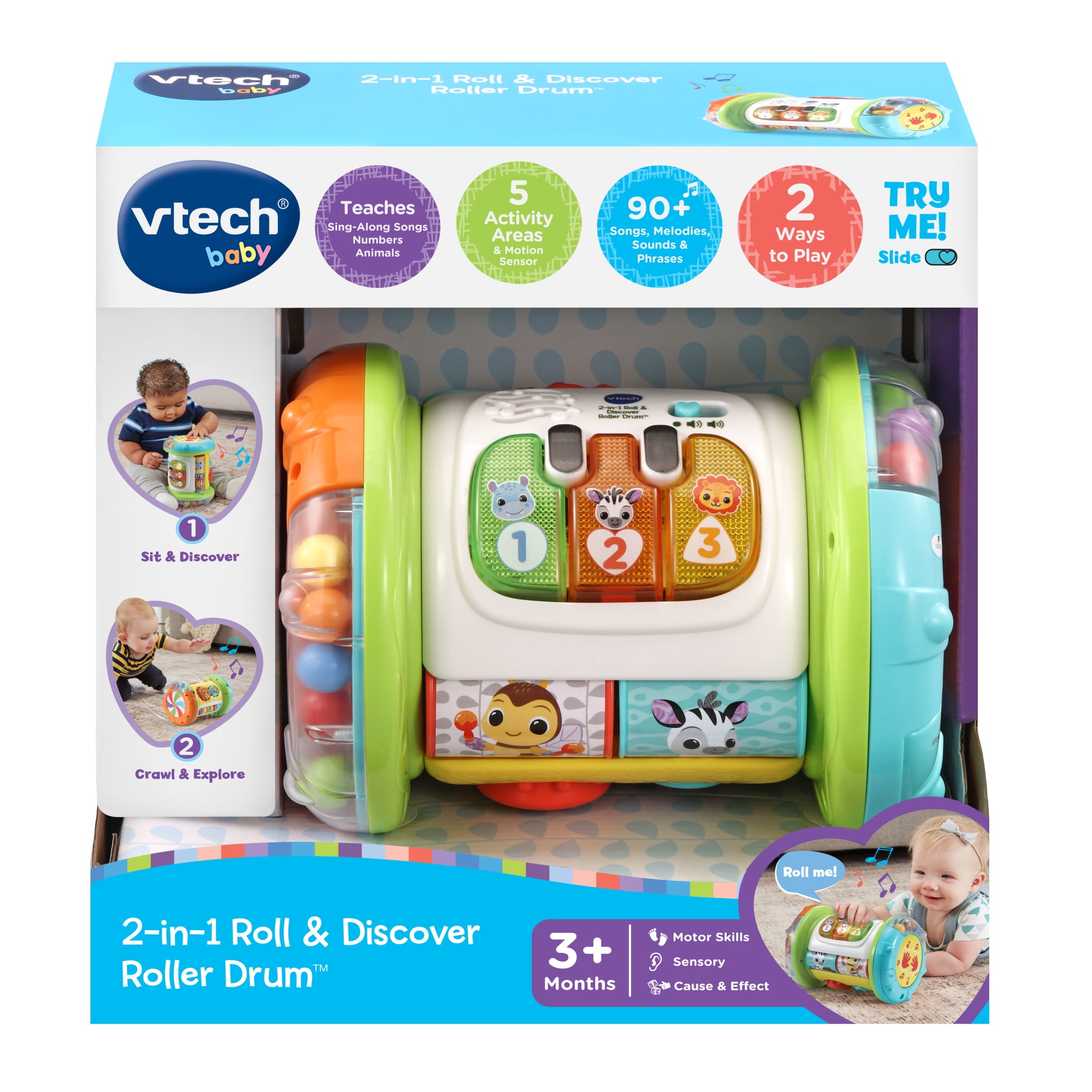 VTech Baby 2-in-1 Roll & Discover Roller Drum Interactive Learning Toy (Multi-Color, 1 Unit) 5ec5z