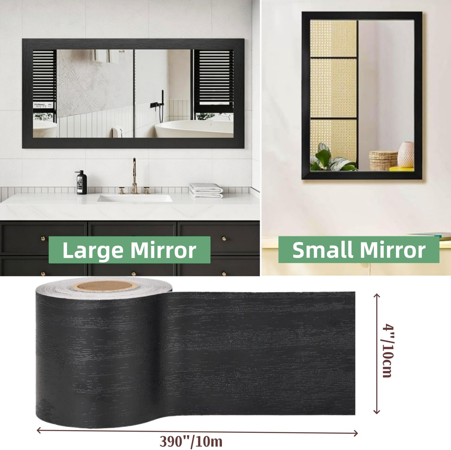 Manss Peel and Stick Wood Grain Border, Waterproof Self-Adhesive Mirror Frame Trim (Black, 3.93 in x 32 ft) 96g95