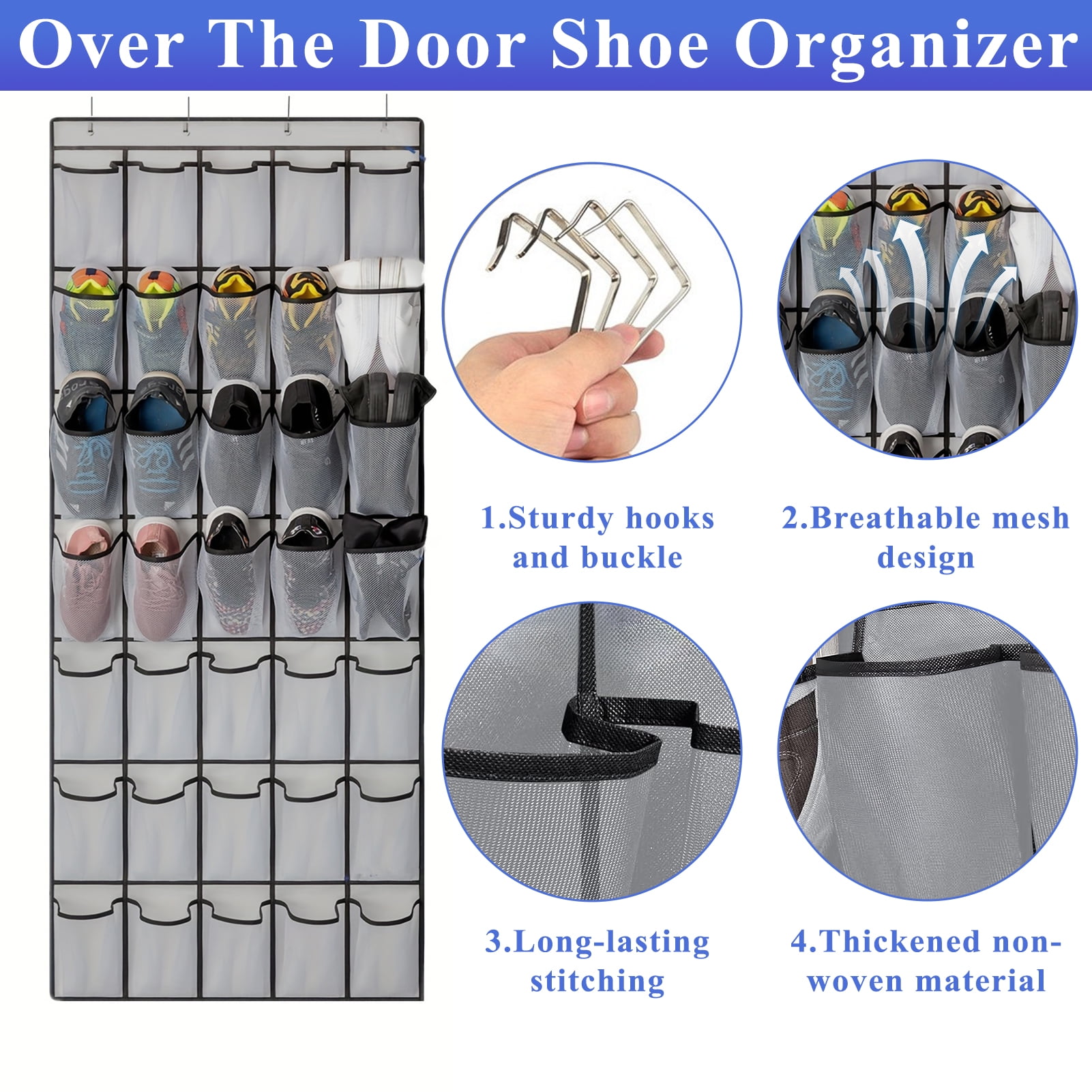 Aovky Over The Door Shoe Organizer, Hanging Closet Storage Rack with Breathable Mesh Pockets (Grey, 35 Pockets) 0br4b