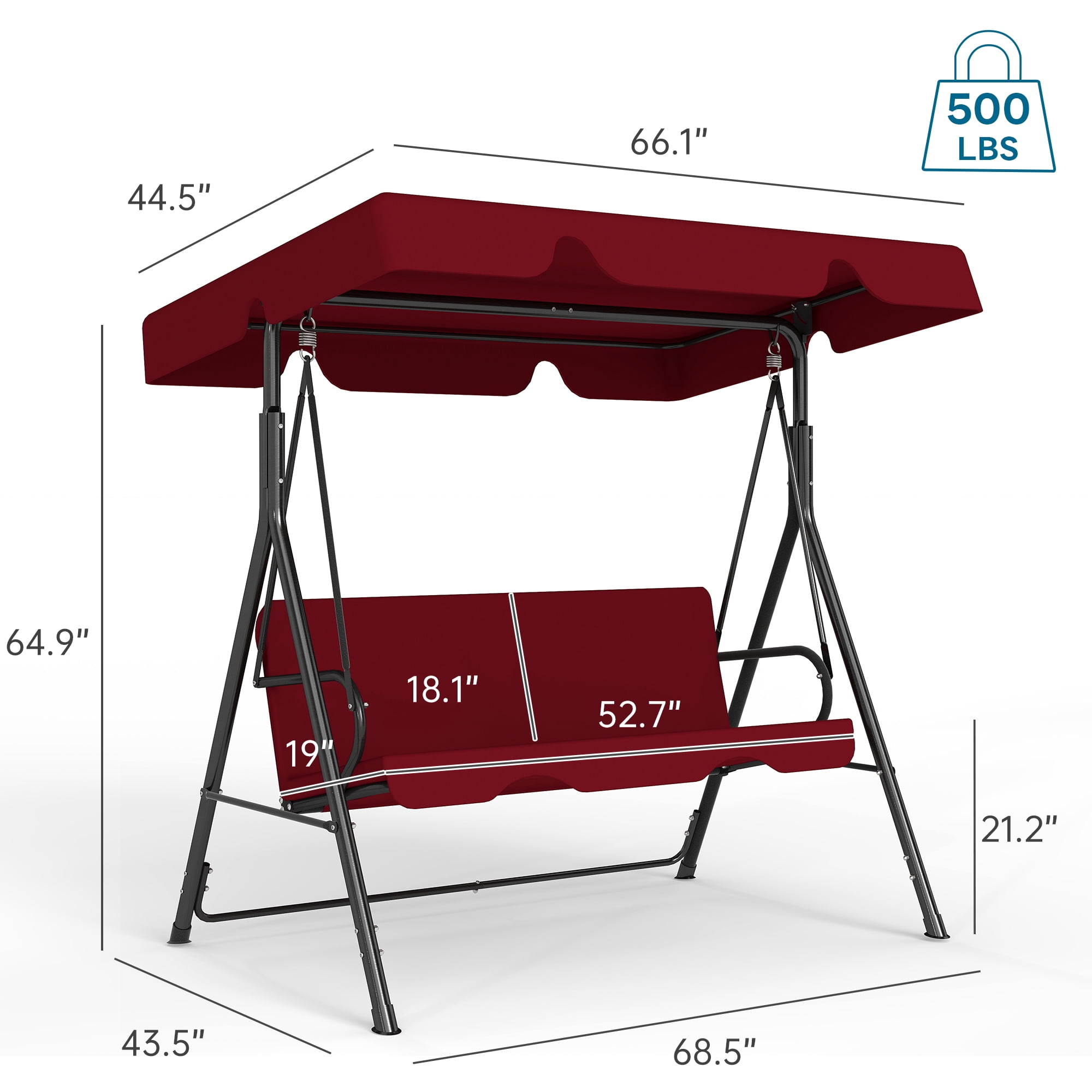 Skandiquip 3-Seater Outdoor Porch Swing with Adjustable Canopy, Heavy-Duty Steel Patio Glider (Red, 500 lb Capacity) gwyjv