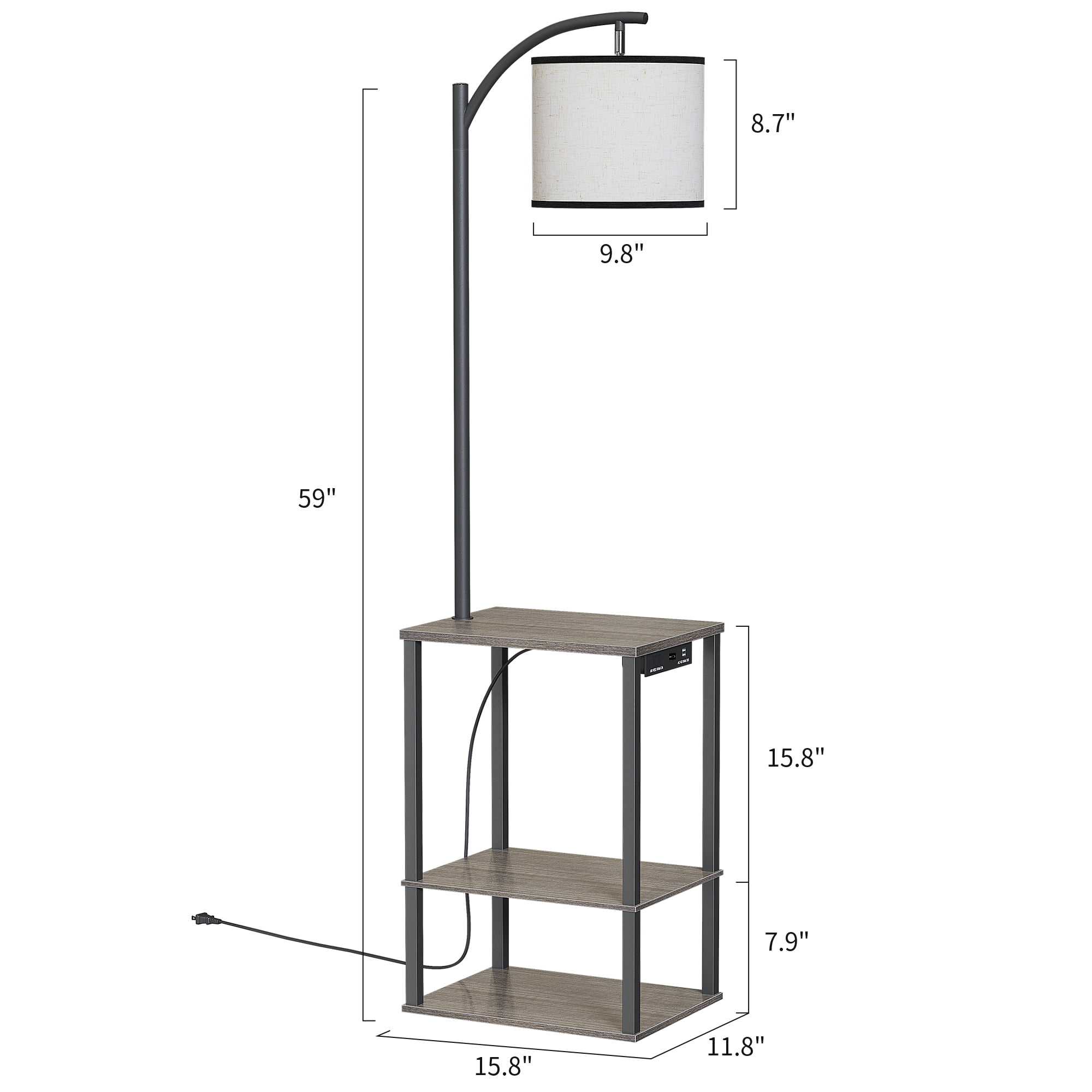 SUNMORY Floor Lamp with Integrated End Table, Charging Station with USB & AC Ports, 3-Color Temperature LED Bulb, Rustic Storage Shelves (Brown, 1 Pack) zd7c1