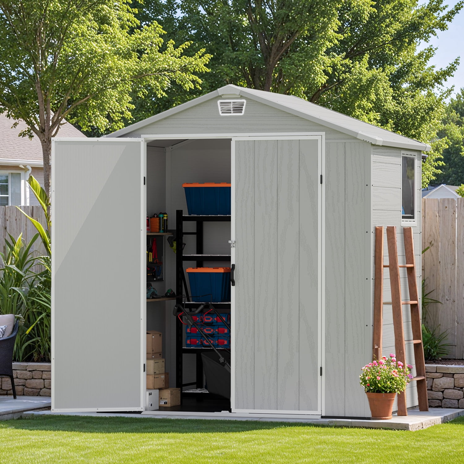 Patiowell Resin Outdoor Storage Shed, Weather-Resistant Garden Tool Organizer with Lockable Door and Window (Light Gray, 6 ft x 4 ft) 9vf2h