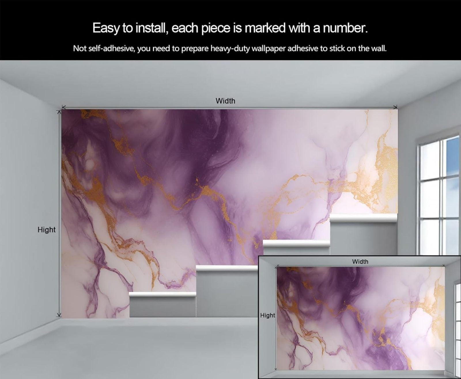 LIUYURO Modern Marble Wall Mural, Abstract Gold Foil Art Wallpaper for Bedroom and Living Room (Purple, 55 in x 28 in) usxey