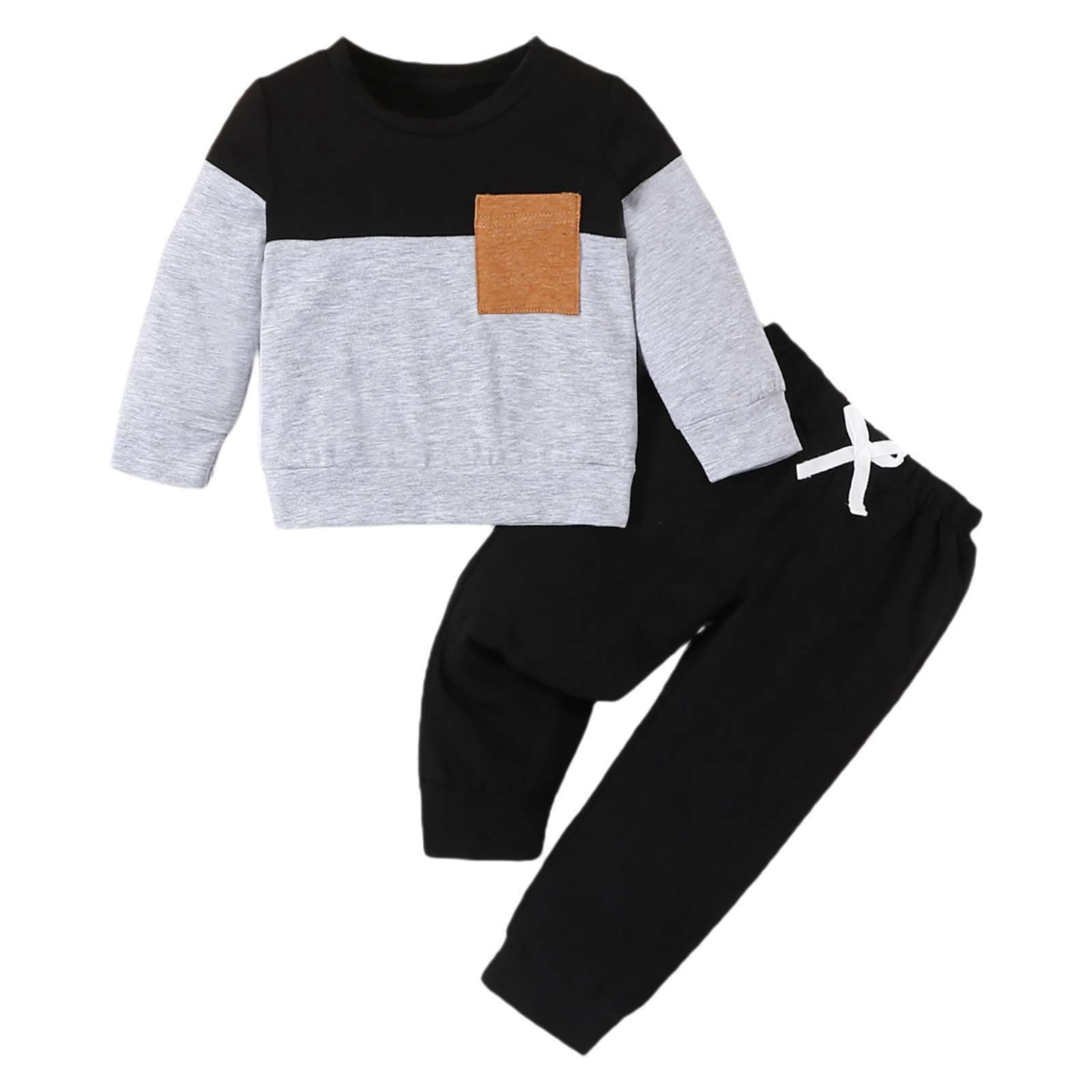 BLVB Toddler Baby Boy Fall Winter Outfit Set Long Sleeve Pullover Sweatshirt and Joggers (Black, 12-18 Months) 7gmng