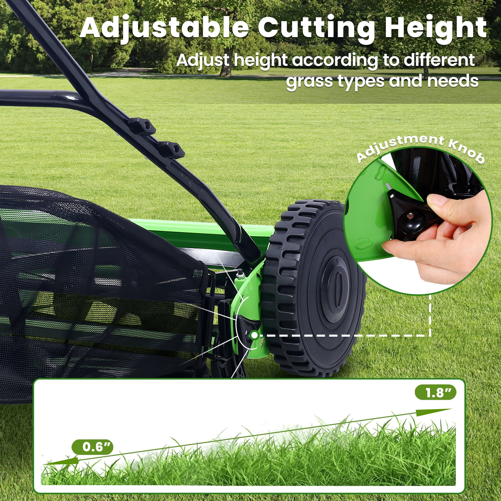 Seizeen 14-Inch Manual Reel Lawn Mower with Grass Catcher (5-Blade, Adjustable Height 0.6-1.8 in, Green) kbz66