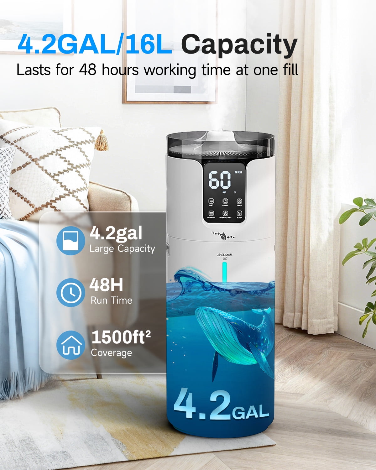 Lacidoll Smart Ultrasonic Cool Mist Humidifier for Large Rooms (White, 4.2 gal) 57i6l